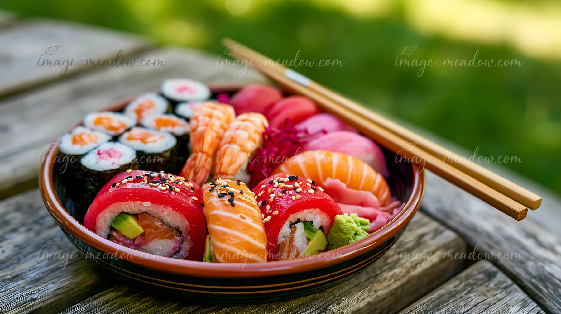Sushi with chopsticks resting on bowl shows various types of sushi placed on a wooden table in an outdoor area.
