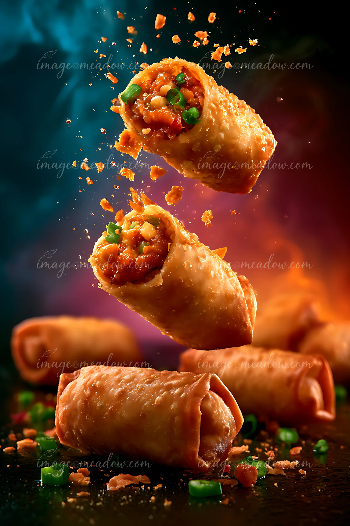 Three crispy spring rolls float in the air with filling spilling out.