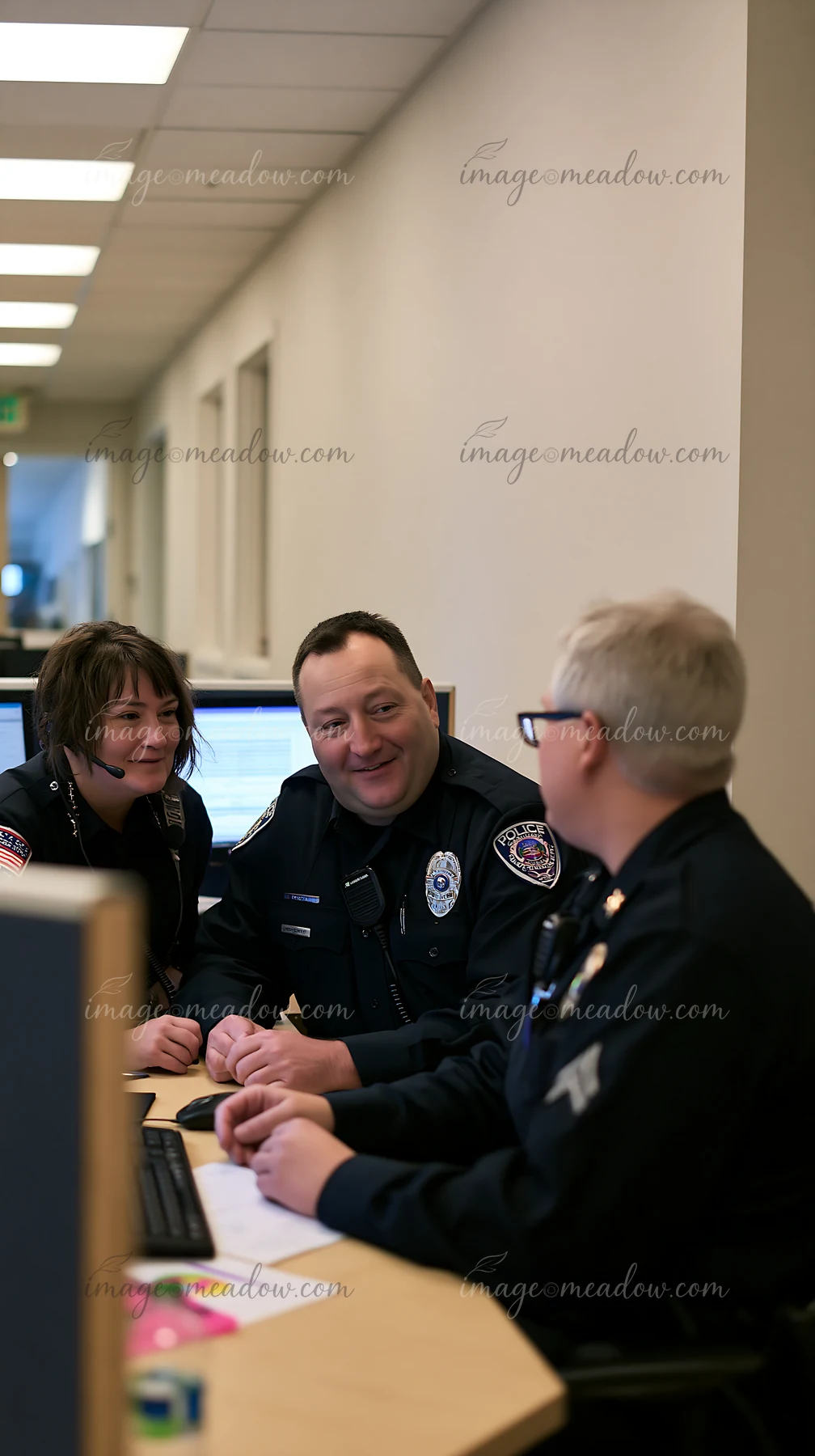 Three police officers are engaged in a discussion about workplace harassment in an office.