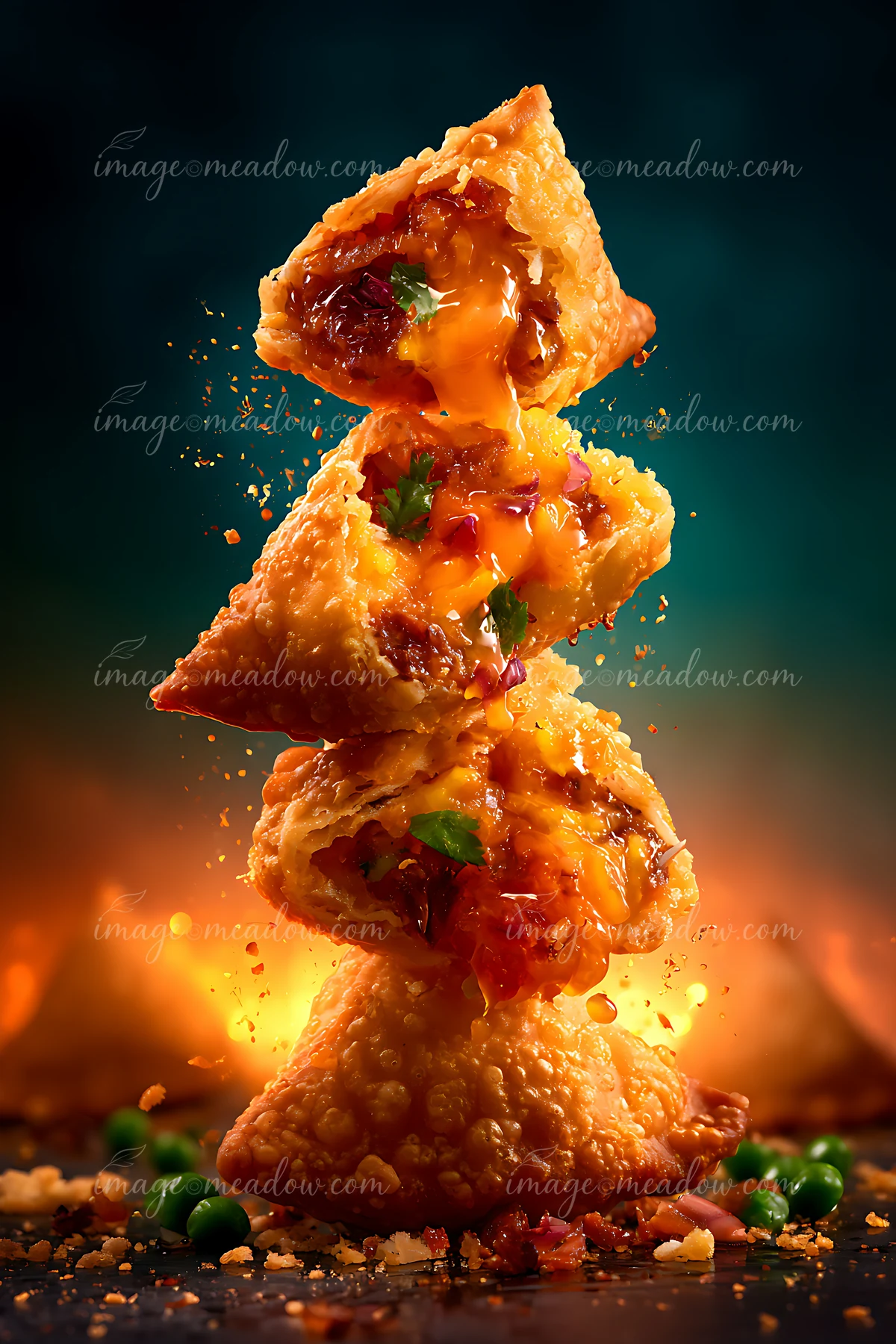 Three samosas are stacked on top of each other, with melted cheese and herbs visible inside.