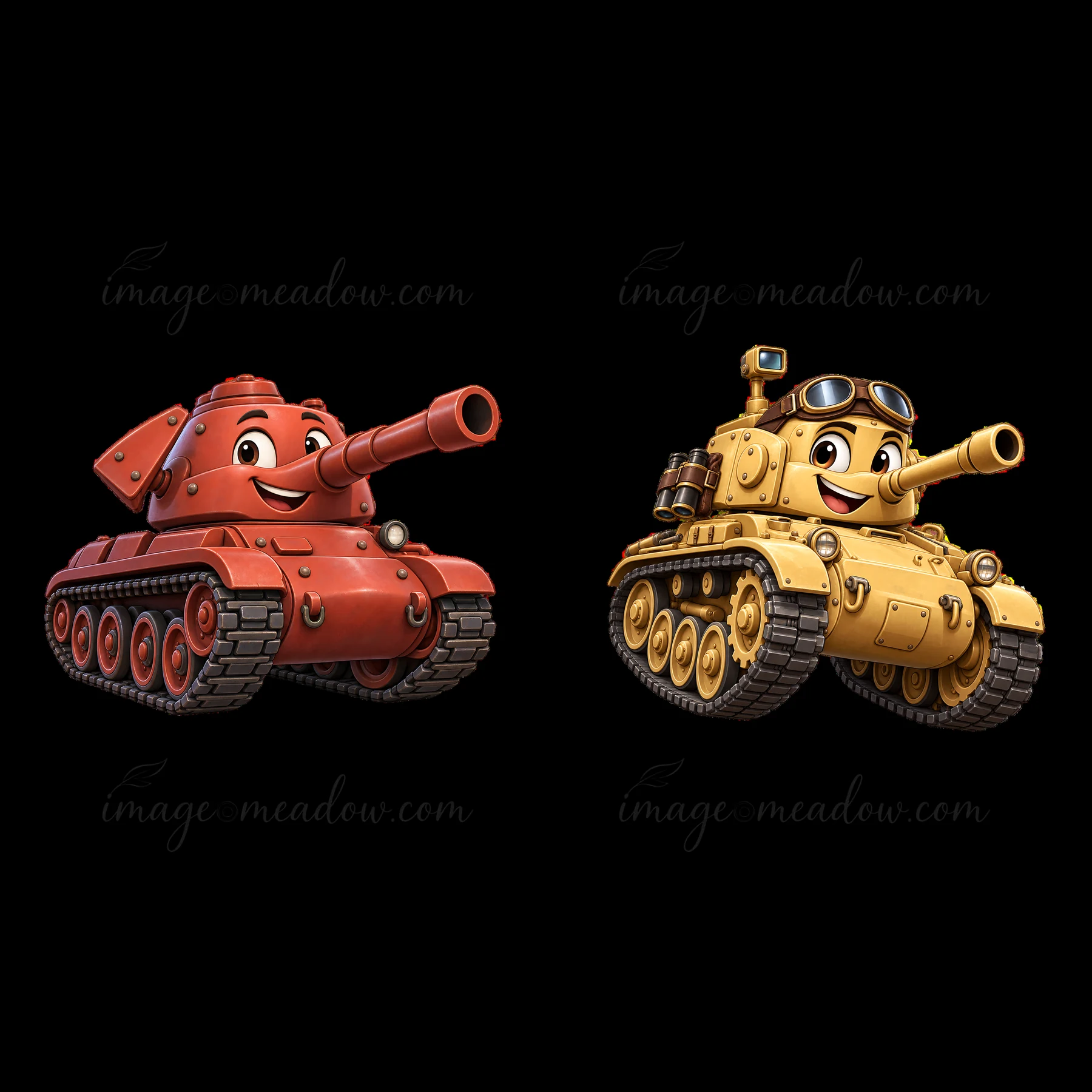 Two cartoon tanks appear side by side, featuring vibrant red and yellow colors. Each tank has a smiling face and is designed to look playful, appealing to child