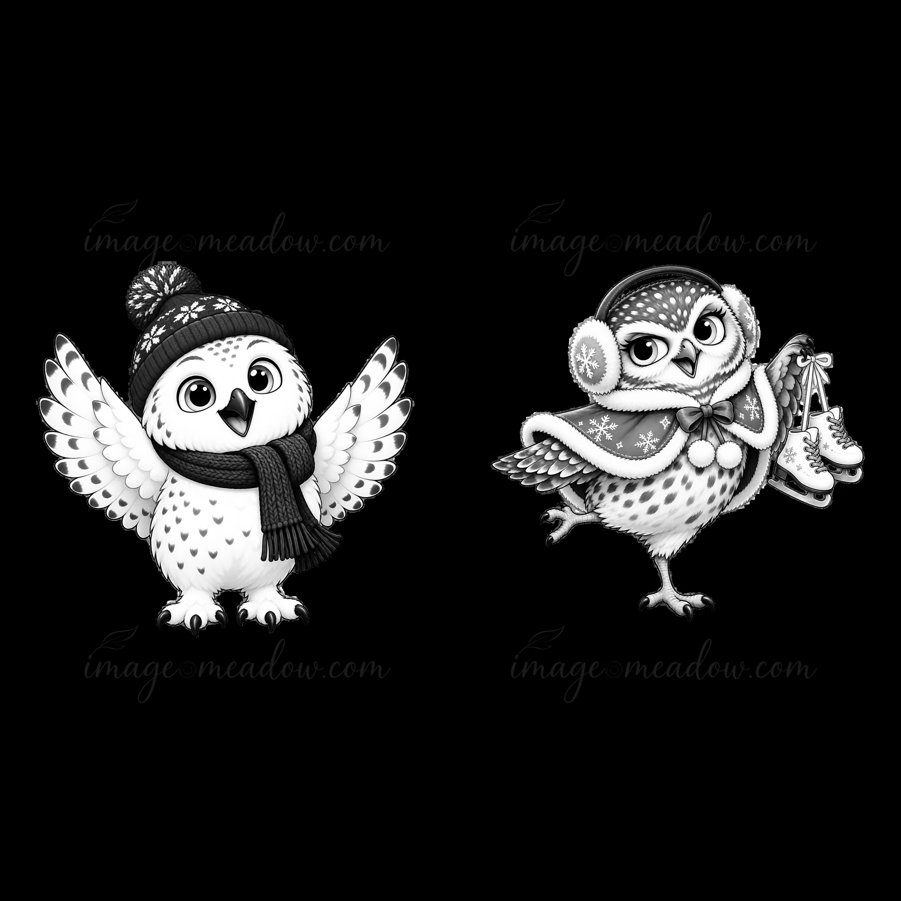 Two owls celebrate Christmas in winter gear. The left owl wears a hat and scarf, while the right one has earmuffs and holds a pair of skates. Both owls display