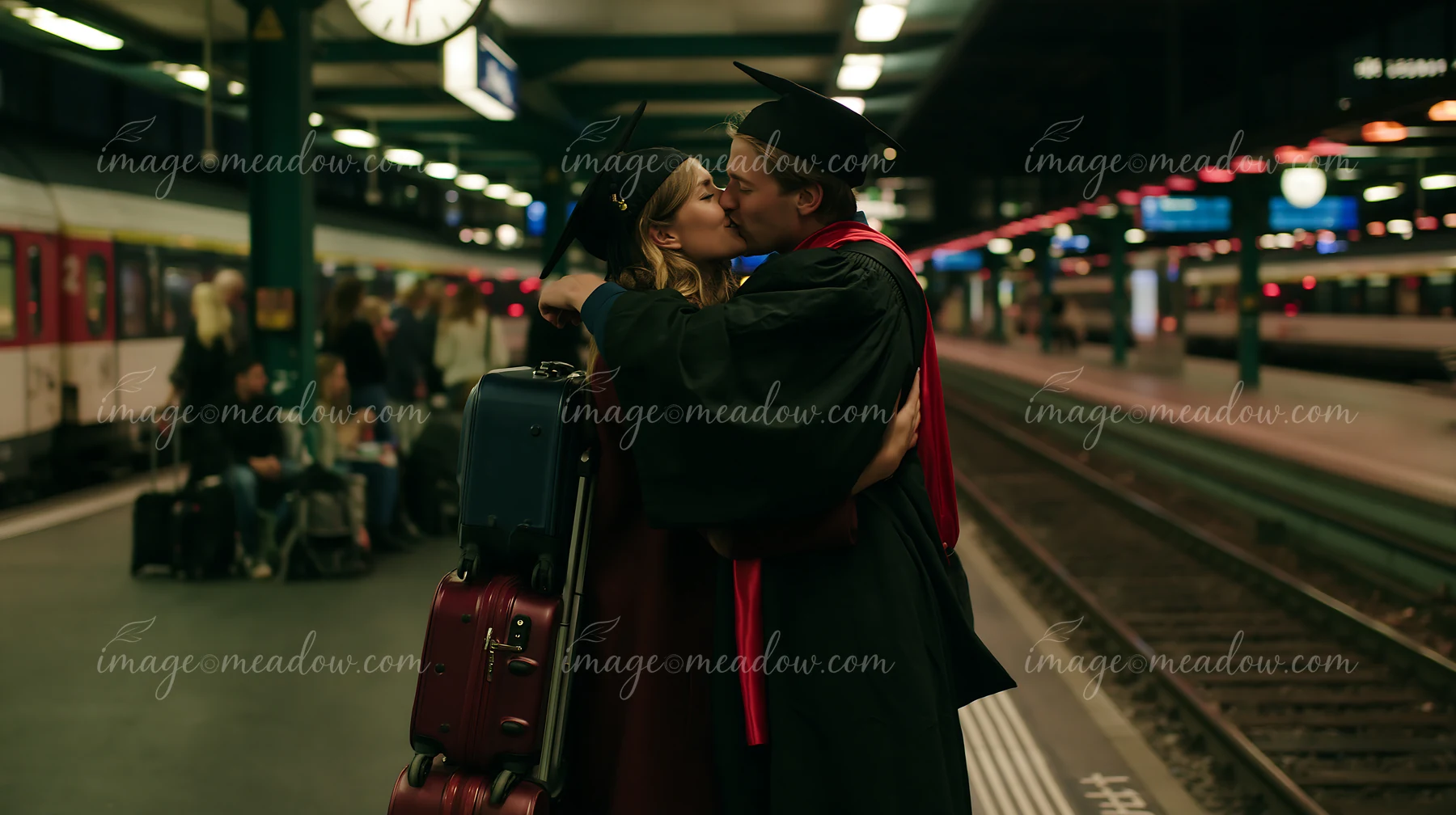 Two graduates in caps and gowns kiss and embrace beside luggage on a busy train platform.