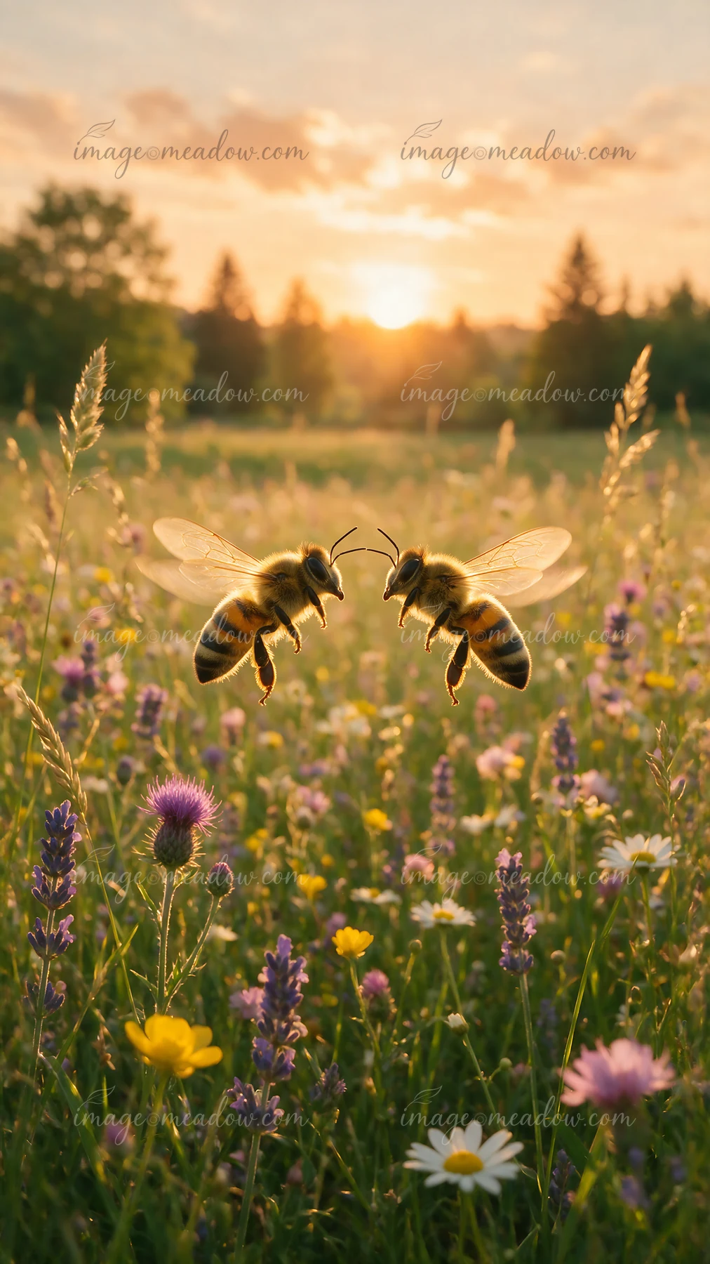 Two honey bees face each other above a colorful wildflower meadow at sunset.
