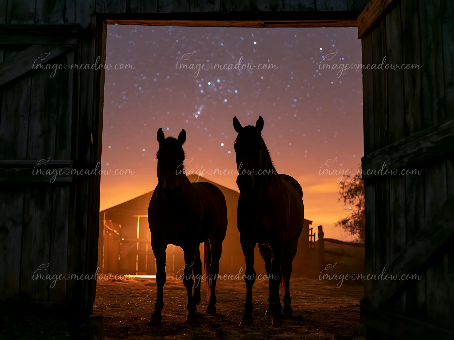 Two horses stand silhouetted in a barn doorway against a starry sky.