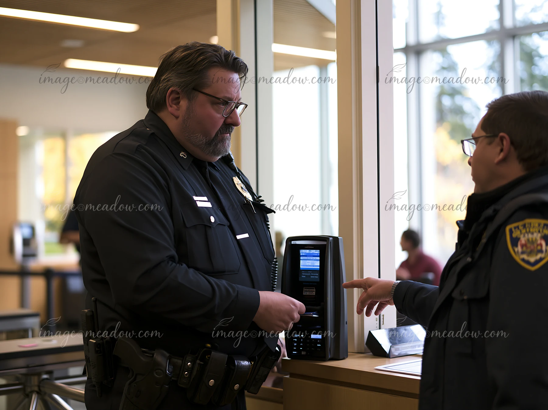 Two uniformed police officers inspect an electronic security checkpoint inside a bright public building.