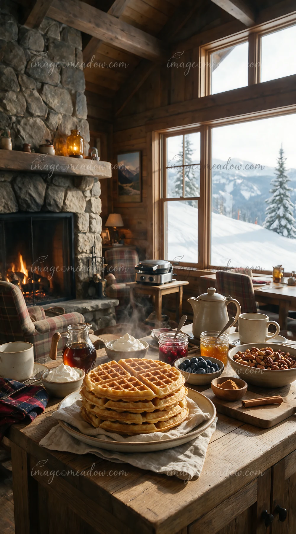 Waffle buffet station with stacked waffles and toppings in a rustic cabin beside a snowy mountain view.