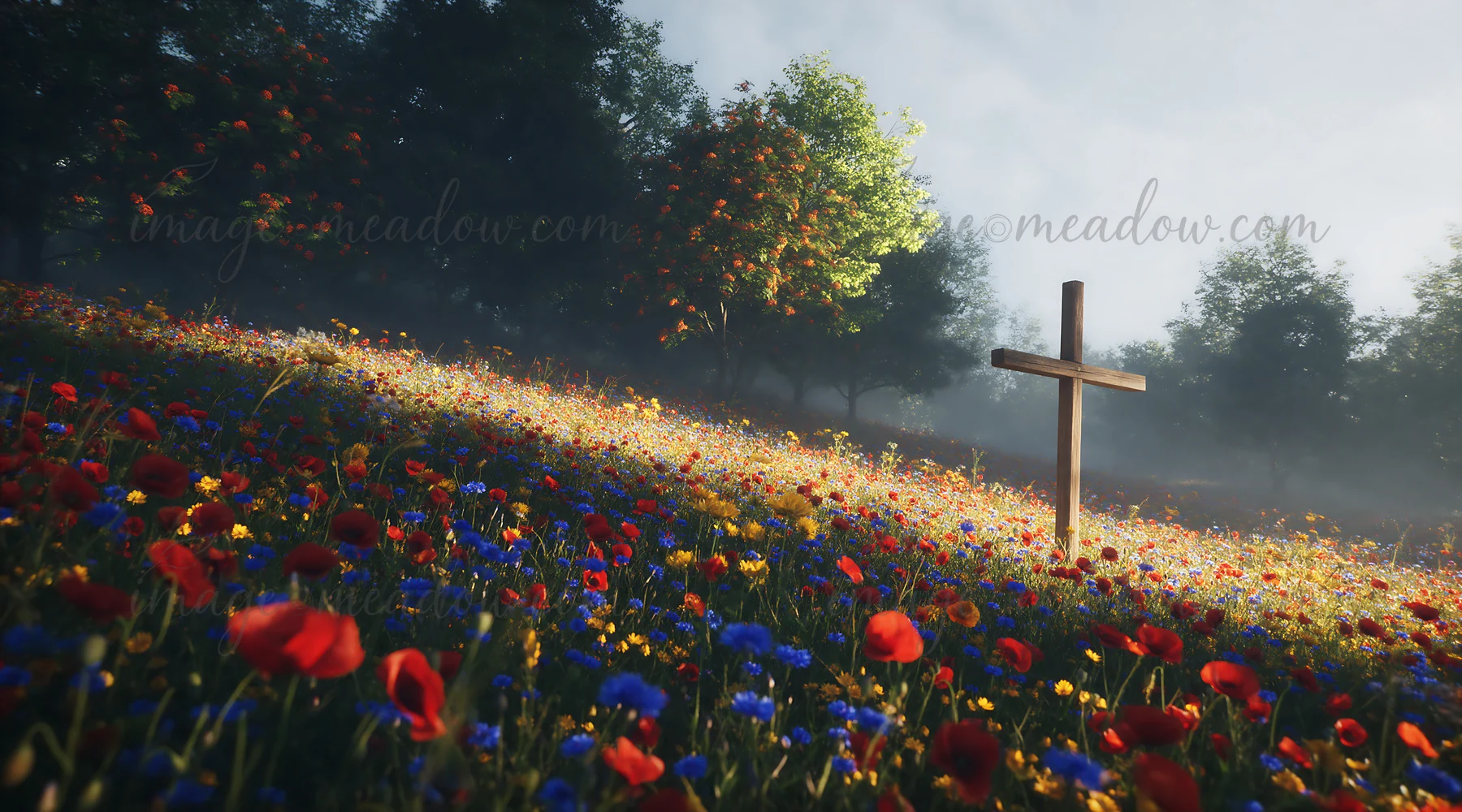 A weathered Christian cross stands in a misty meadow filled with colorful flowers. The scene captures the natural beauty of the landscape at dawn or dusk, surro