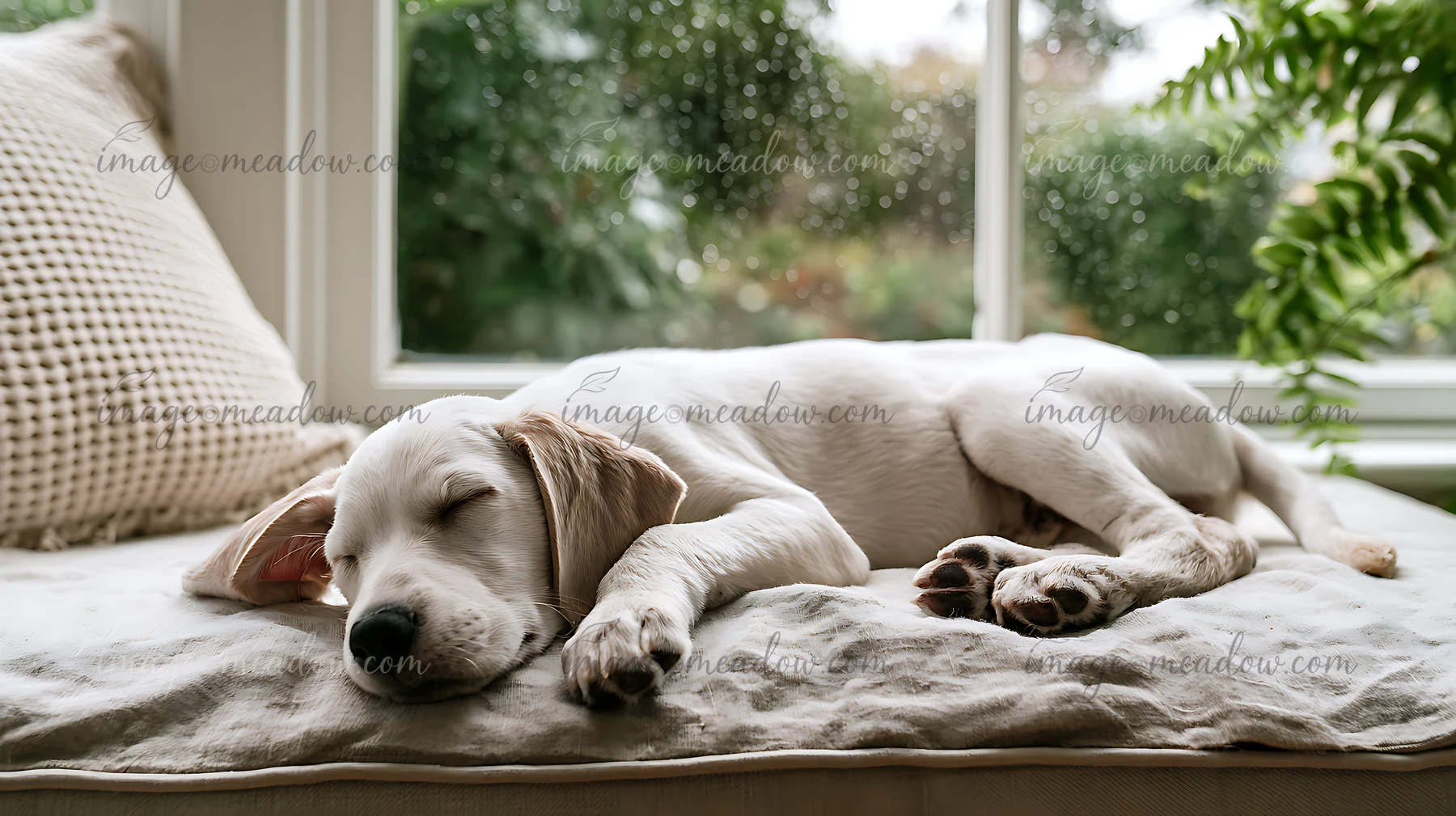 White and tan puppy sleeping on a linen blanket beside a bright window with greenery outside.