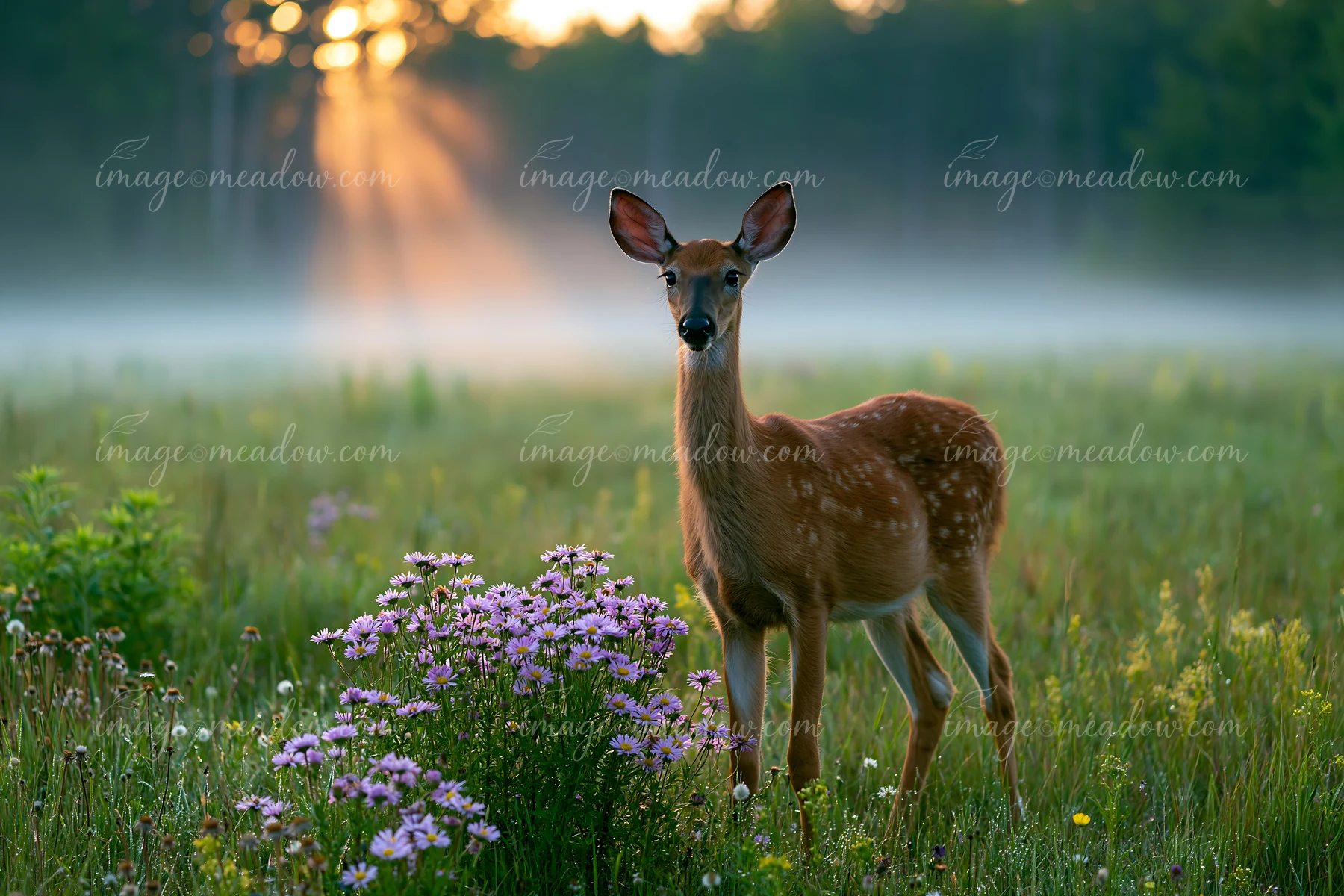 Young spotted deer standing among purple wildflowers in a misty meadow with warm sunbeams.