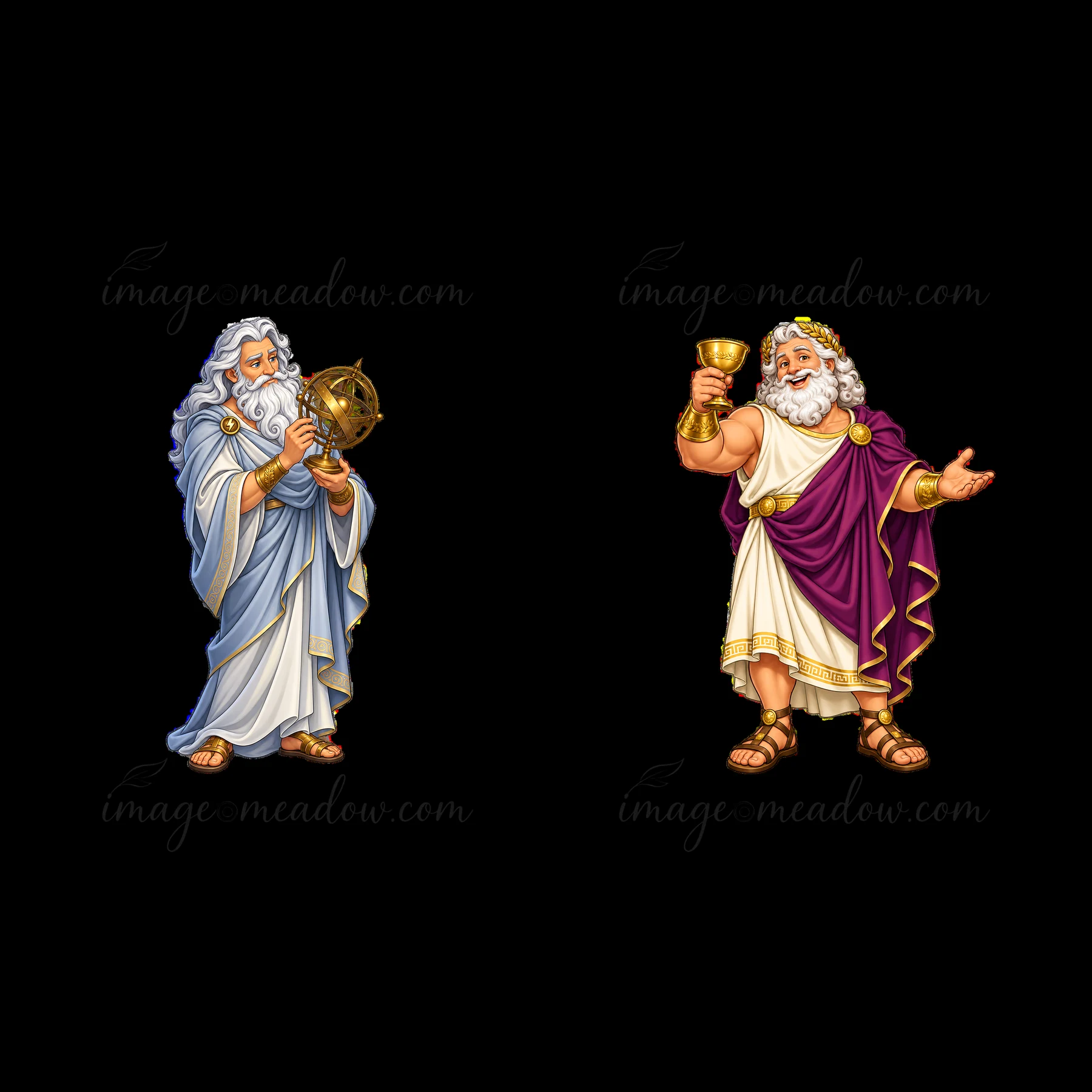 Zeus stands holding a golden cup on one side and an orb on the other. He is dressed in a white robe and purple cloak, featuring gray hair and beard. The setting