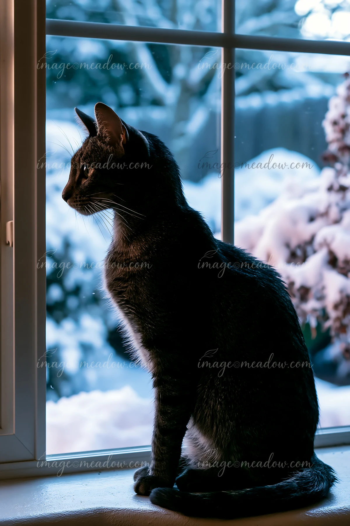 A Bombay cat sits on a windowsill, gazing outside at the snow-covered yard.