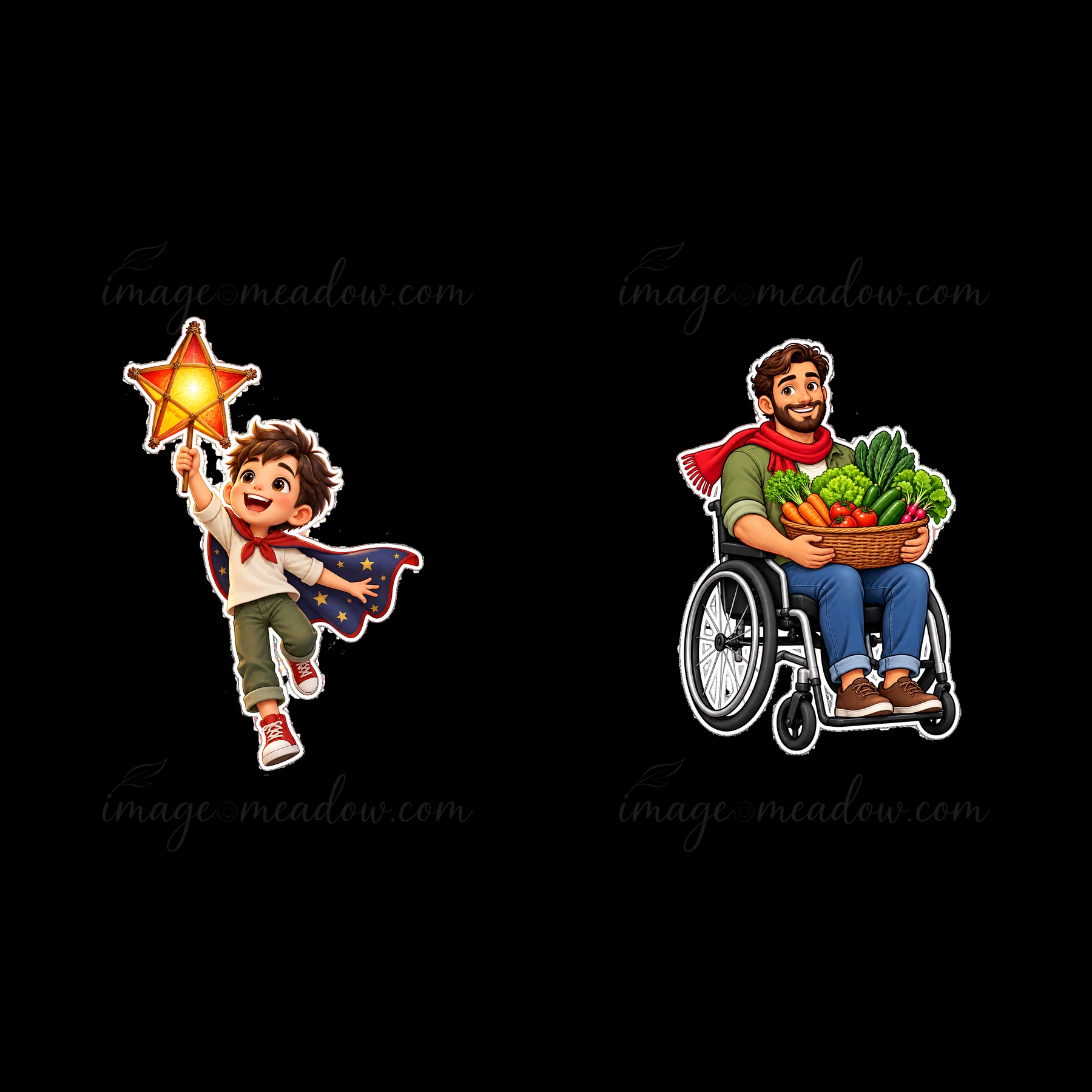 A boy wearing a cape joyfully holds a glowing star while running. Beside him, a man in a wheelchair smiles as he carries a basket filled with fresh vegetables.
