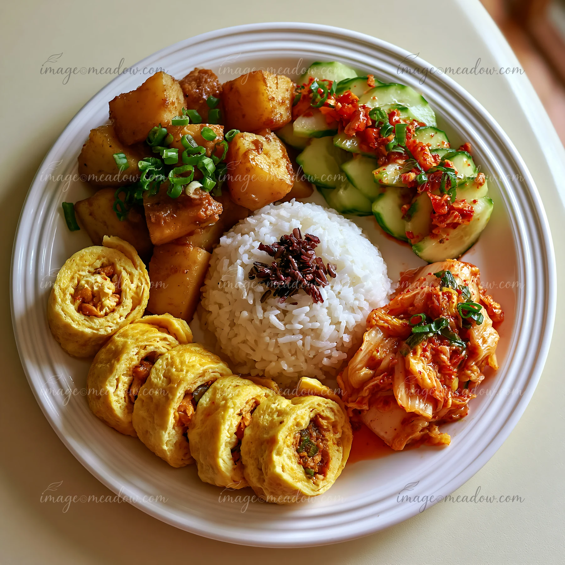 A breakfast plate with Korean breakfast includes rice, vegetables, sliced omelet, and kimchi served together.