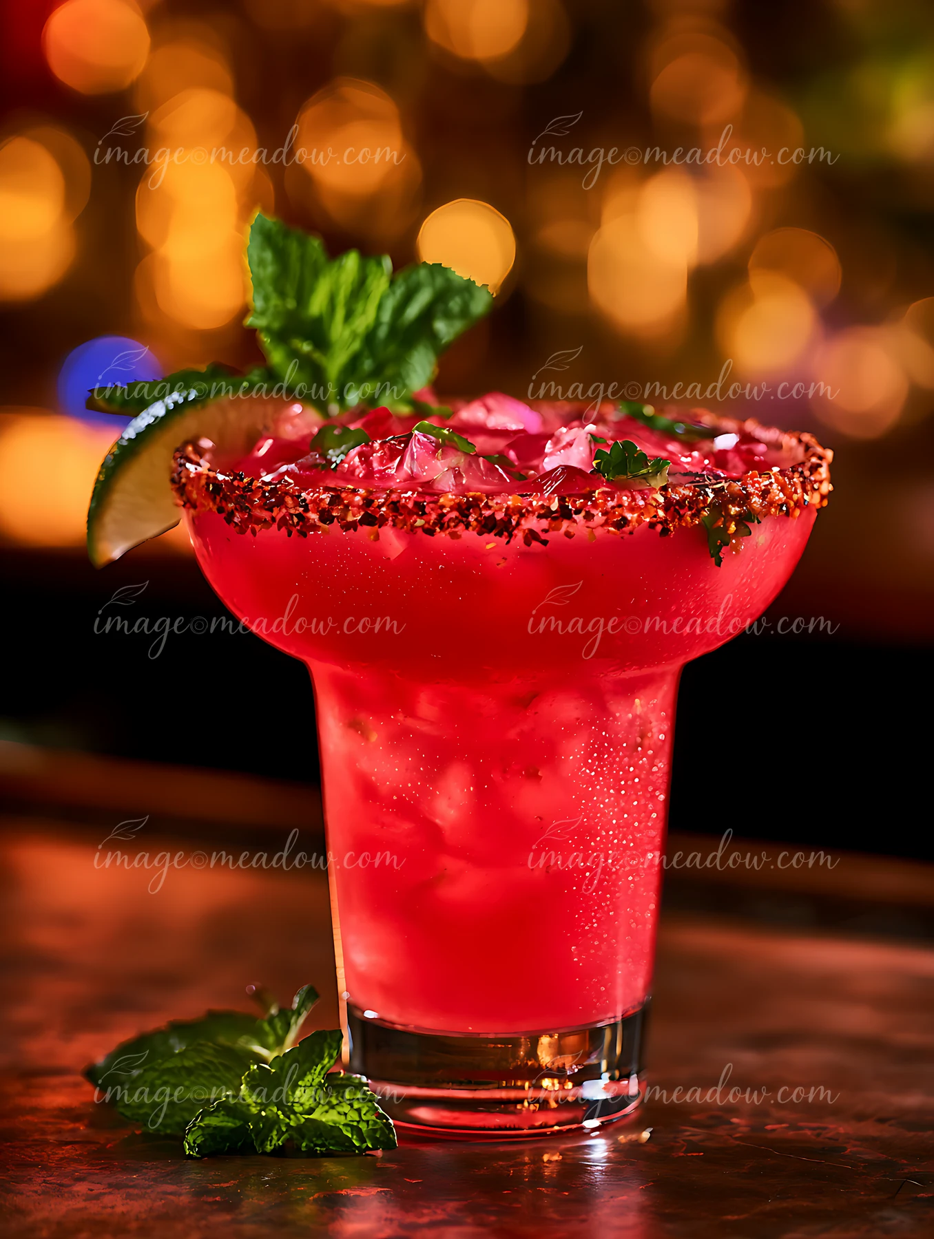 A bright red margarita sits on a wooden table, garnished with fresh mint and lime.