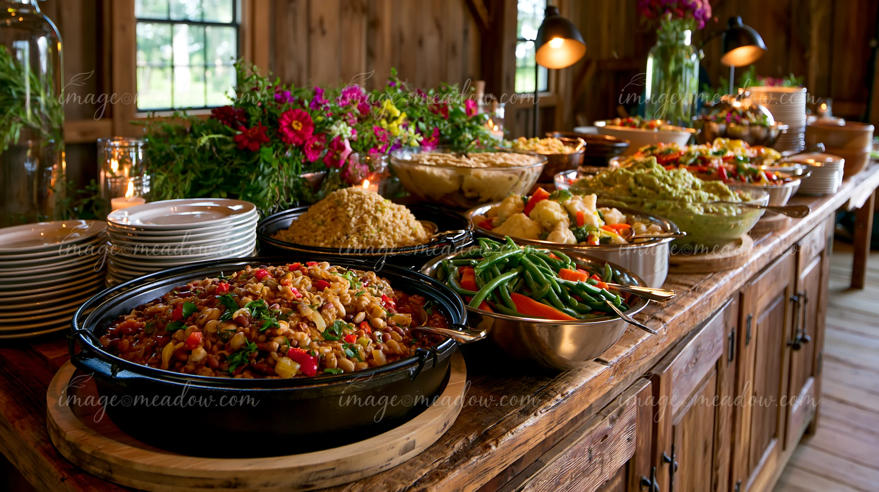 A buffet displays various dishes in a rustic indoor setting with wooden decor.