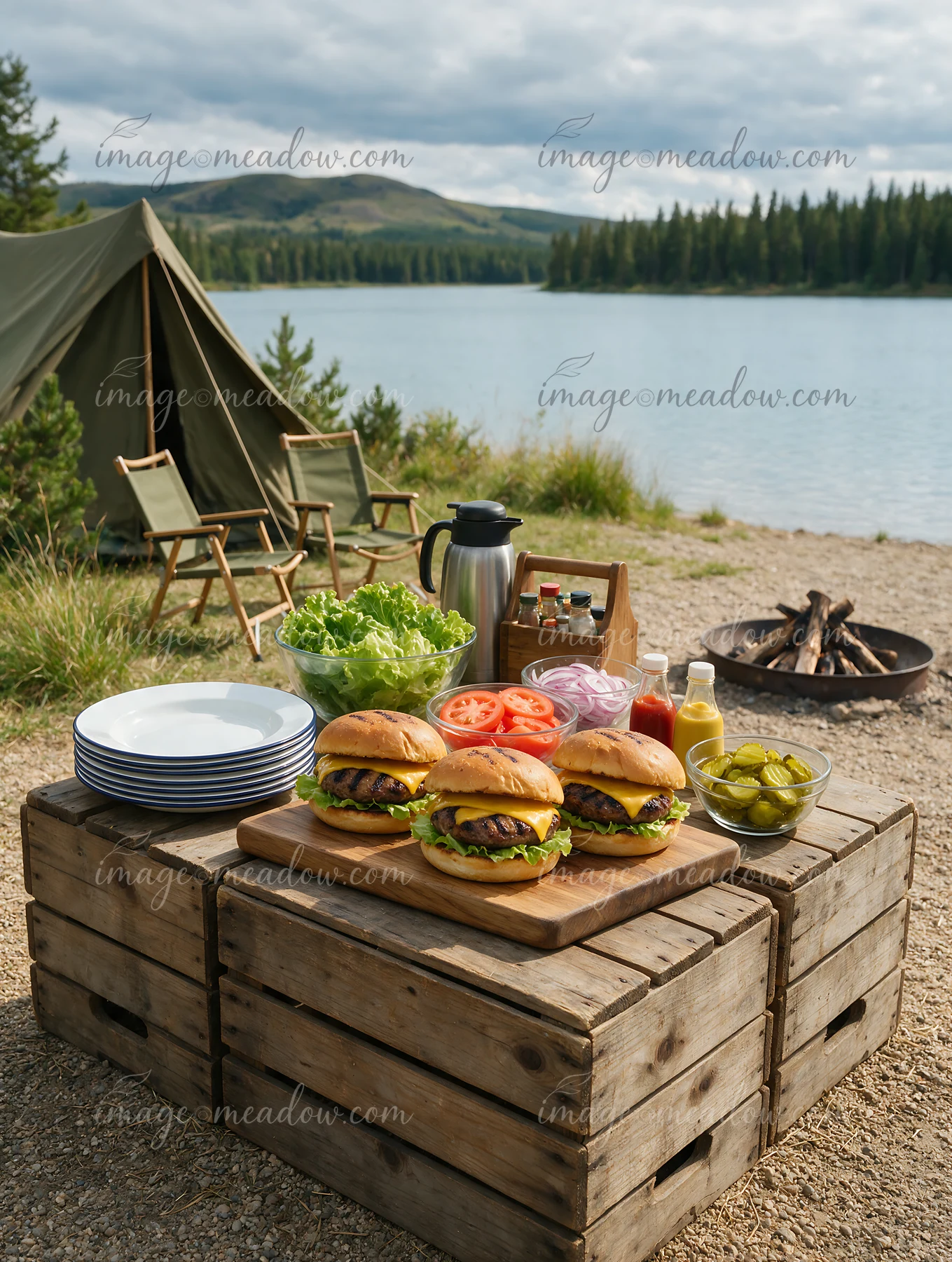 A burger buffet setup is arranged on wooden crates near a lake.