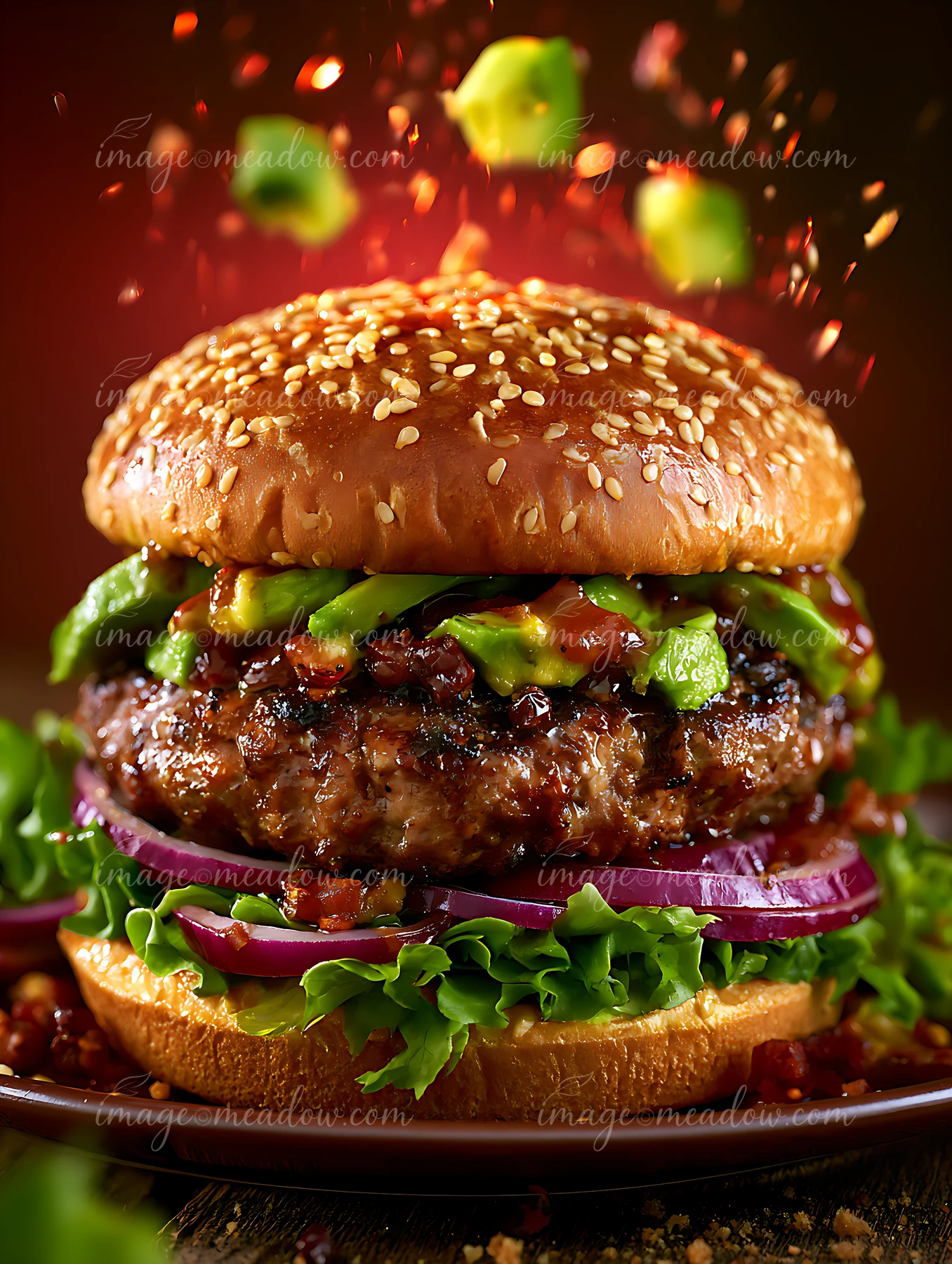 A burger sits on a wooden table with sesame seed bun, lettuce, onion, and avocado.