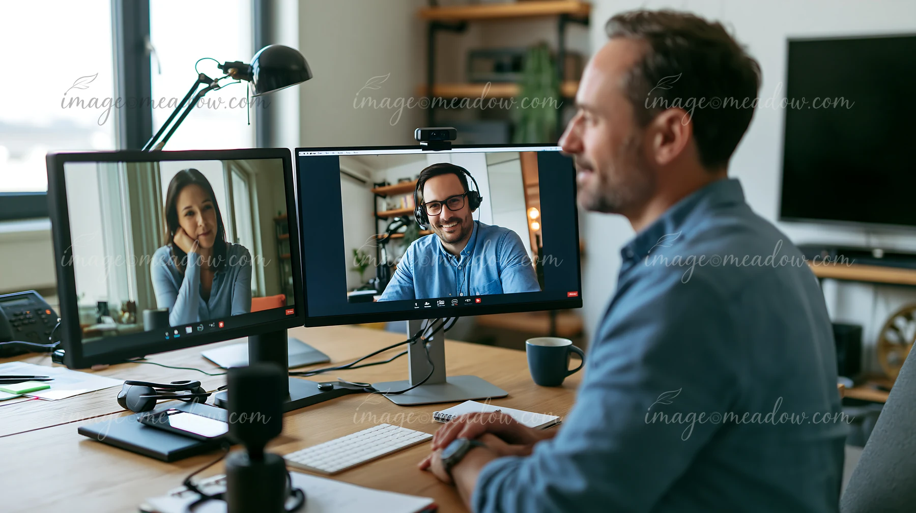 A businessman conducts a remote interview online using two computer monitors in a modern office setup.