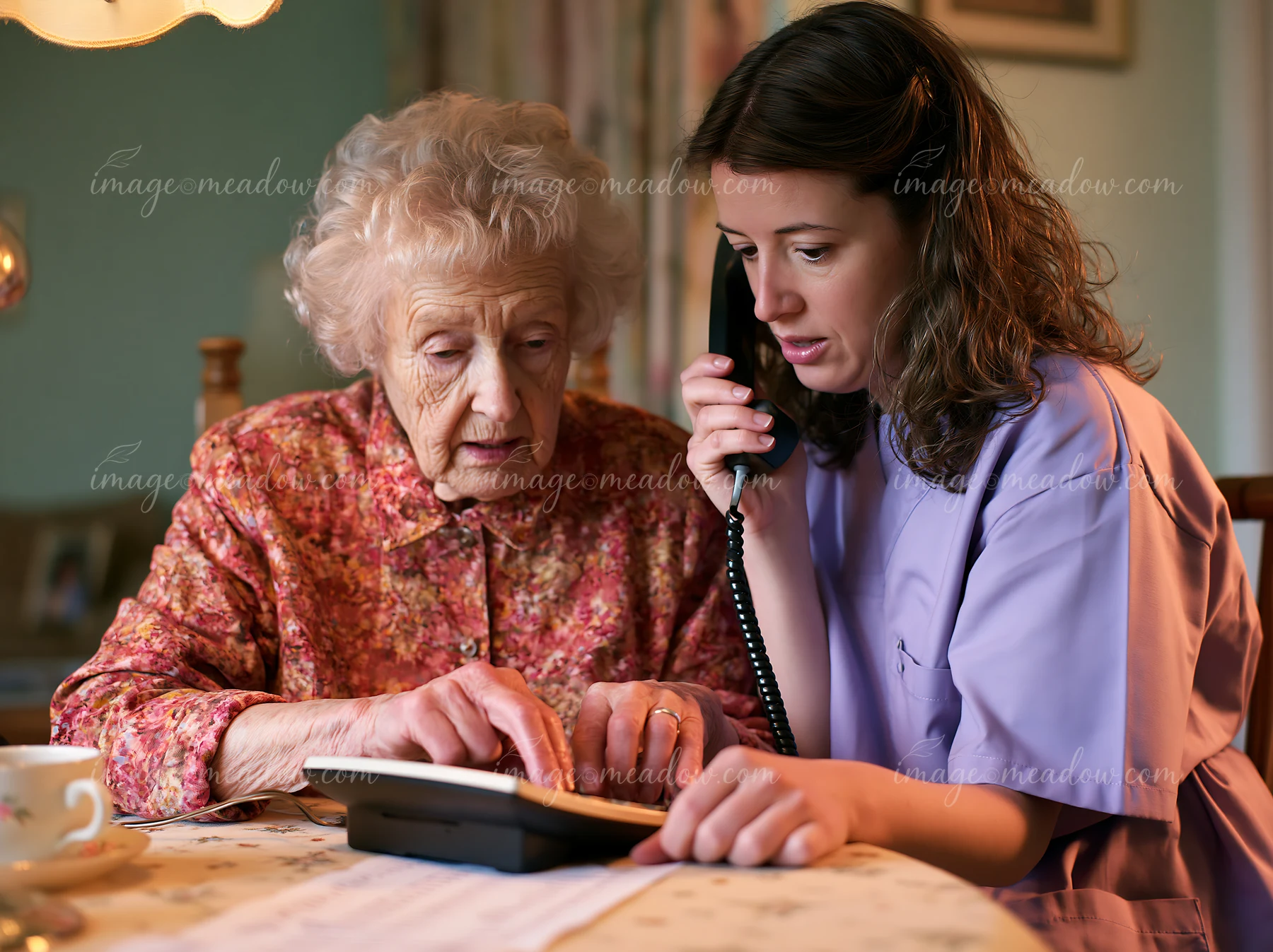 A caregiver helps a confused senior make a phone call at the table.