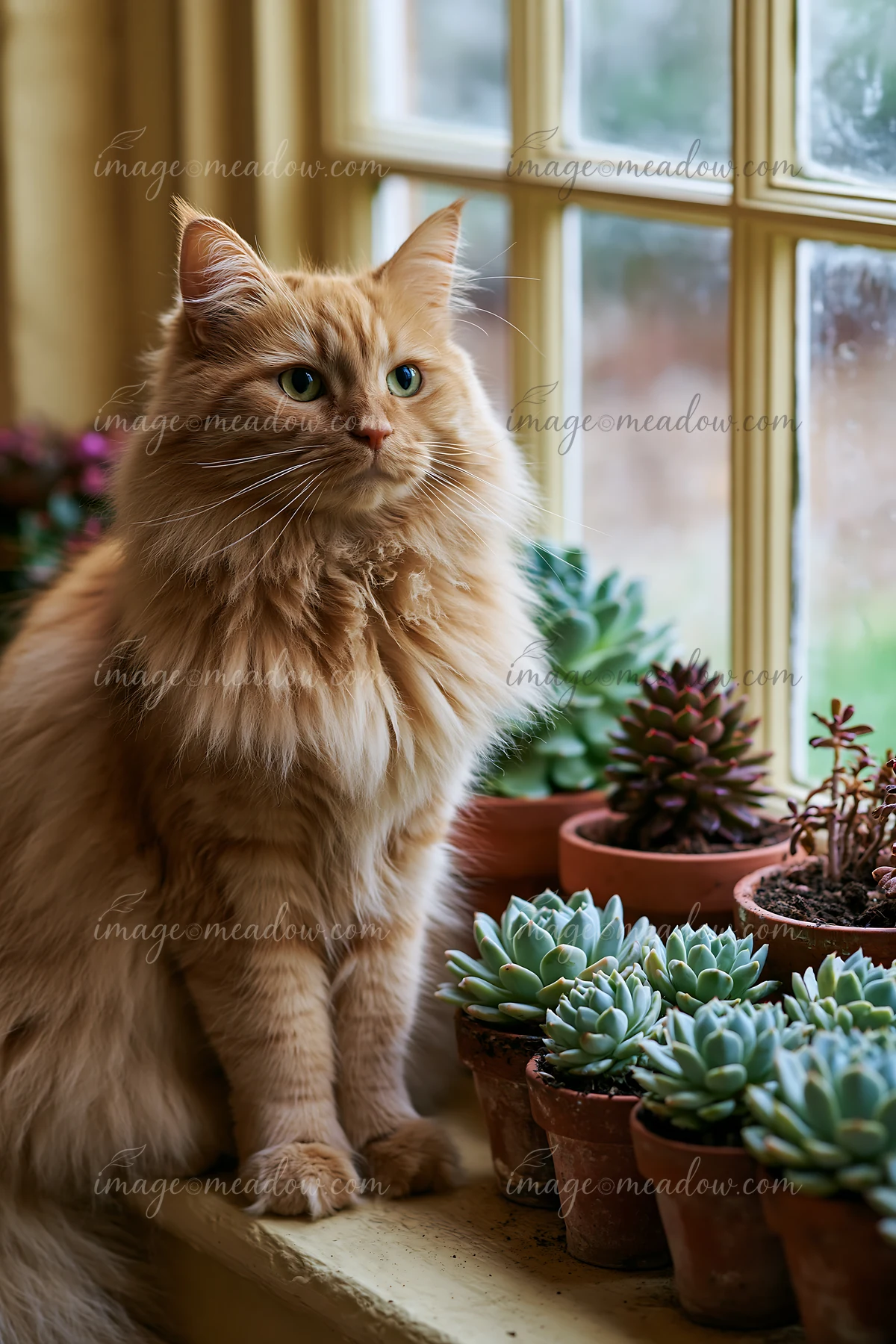 A cat sitting on a windowsill in a country house looks out at the surroundings.