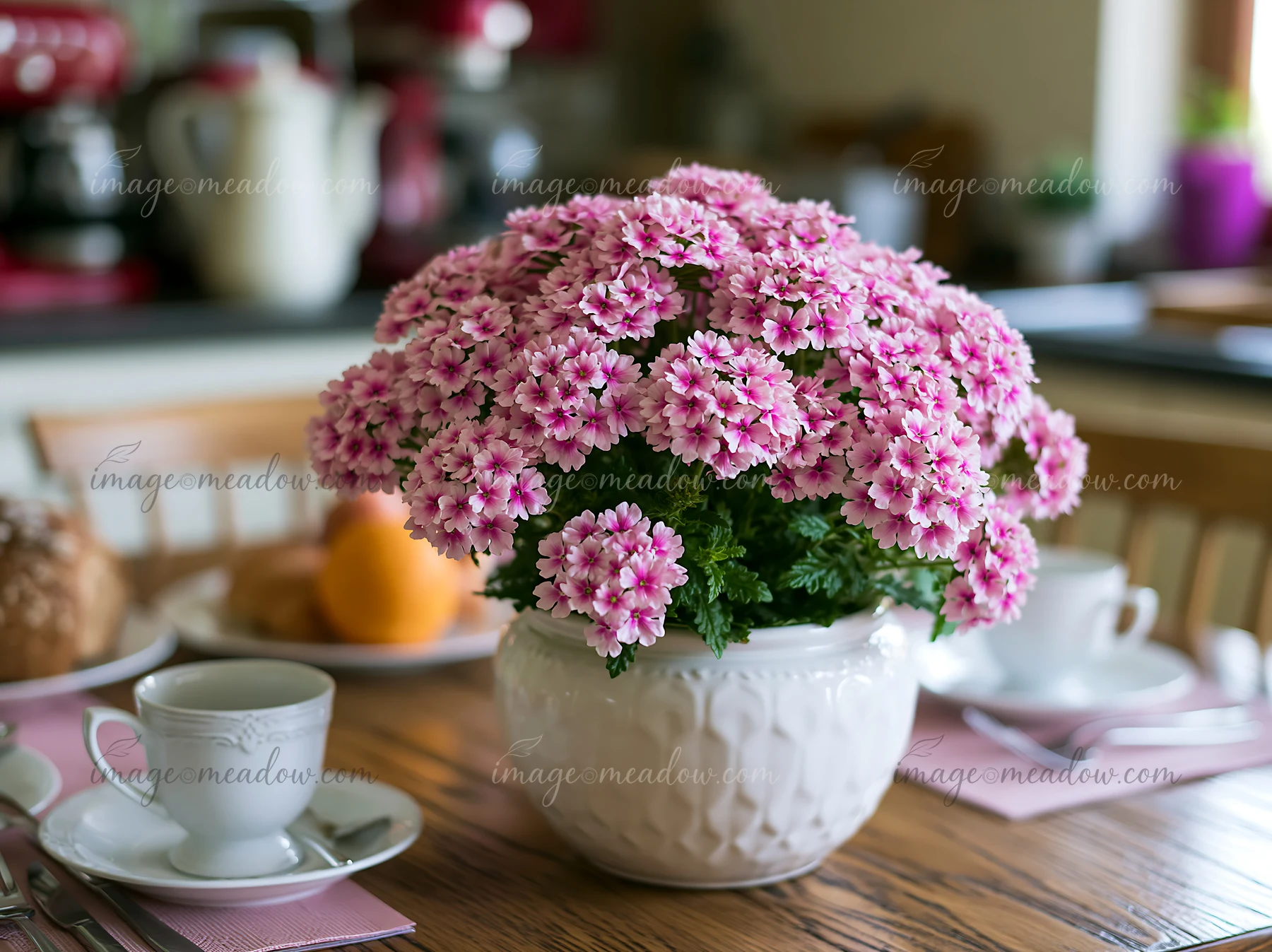 A cluster of pink verbena flowers in a white container sits on a wooden dining table surrounded by cups and a plate.