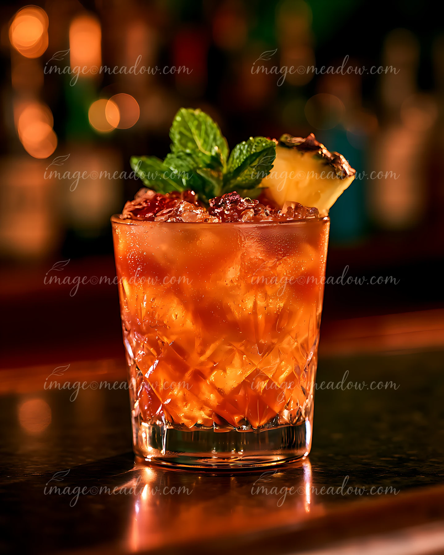 A cocktail sits on a dark surface with ice and a garnish of mint and pineapple.