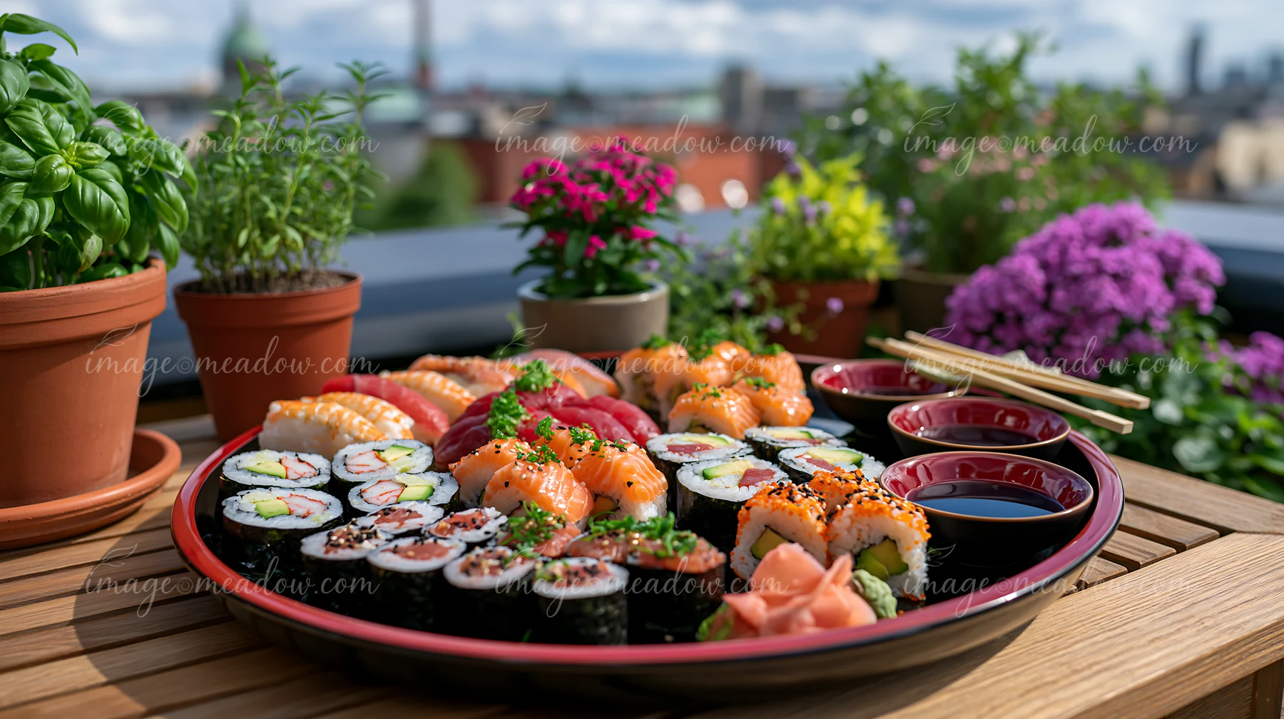 A colorful plate of various sushi types is set up for a picnic lunch outdoors.