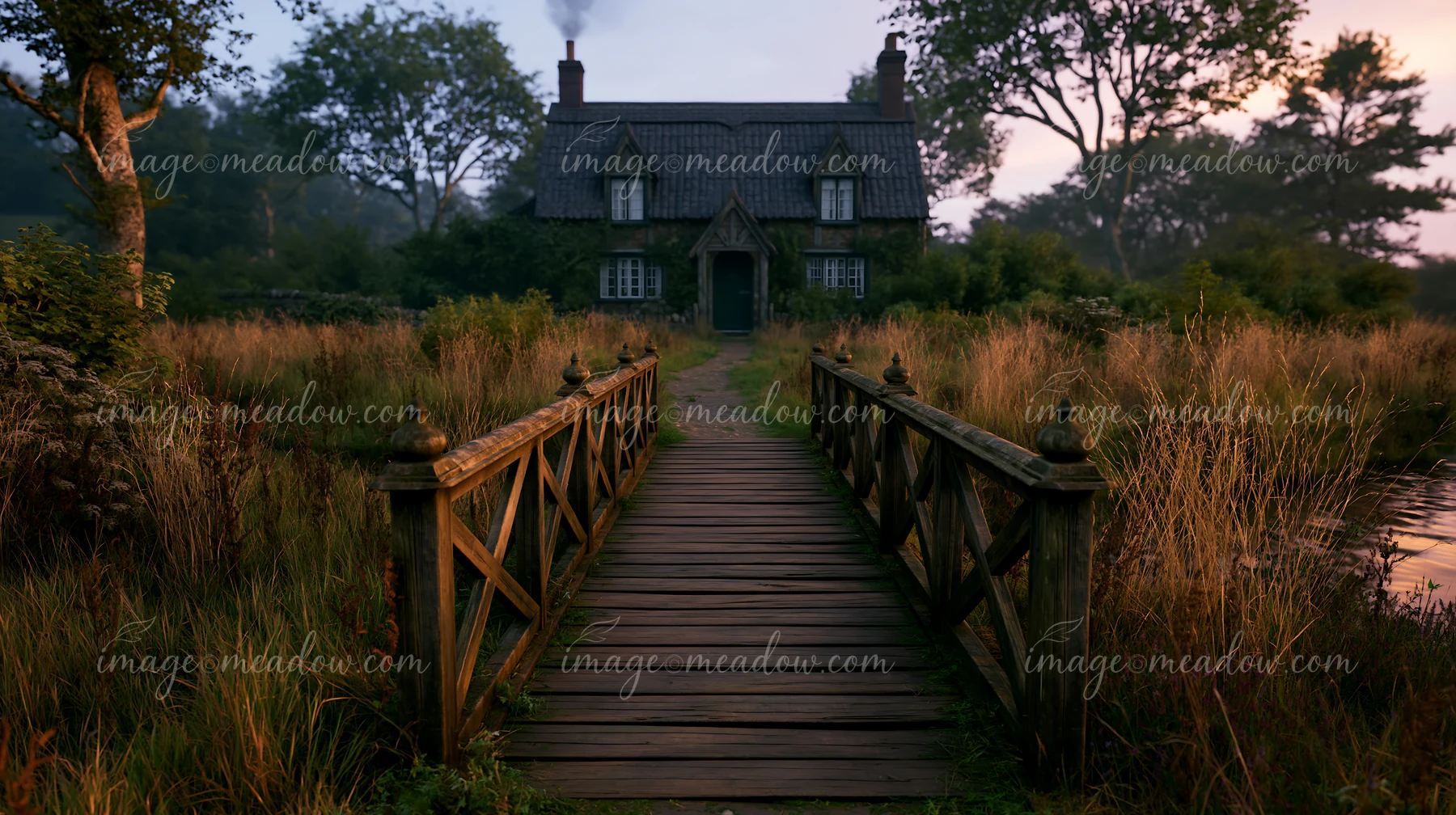 A cottage sits beside a stream with a wooden bridge leading to the entrance.