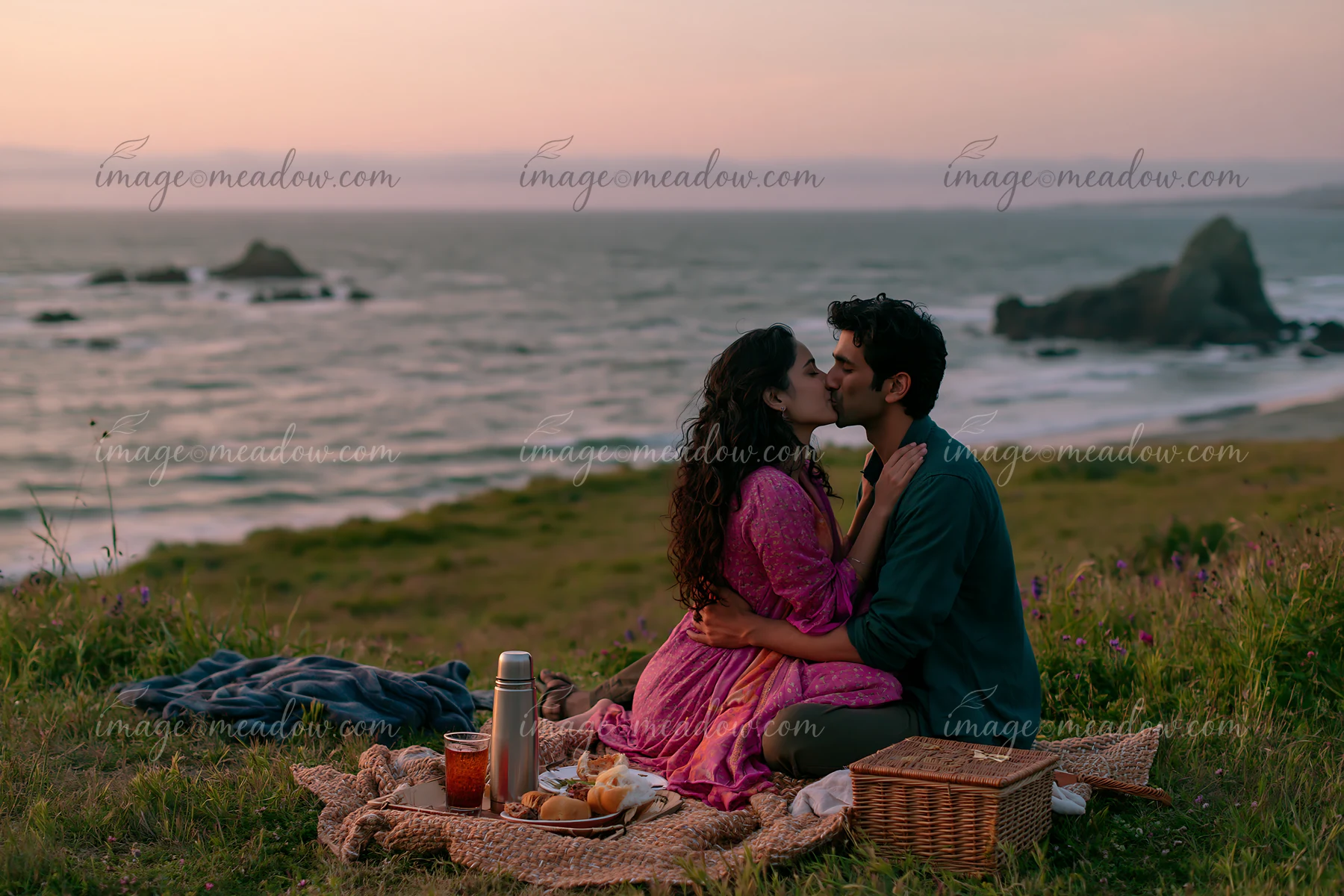 A couple shares a romantic kiss while seated on a blanket at the beach.