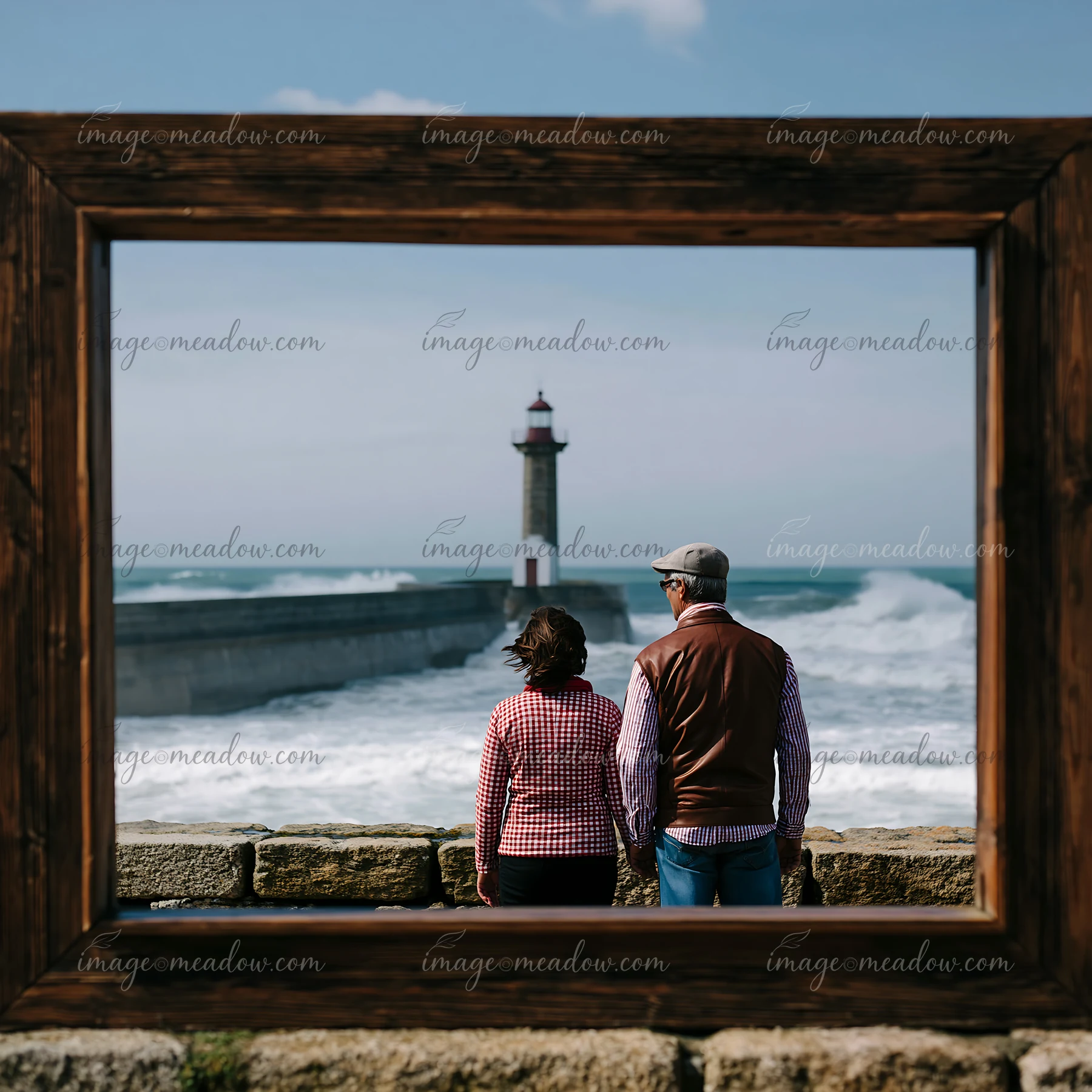 A couple stands by the seaside, framed by a wooden structure, watching the waves and a lighthouse in the distance.