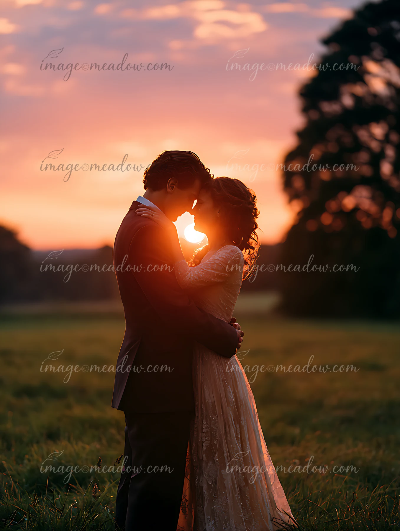 A couple stands closely together as the sun sets behind them, filling the sky with warm colors.