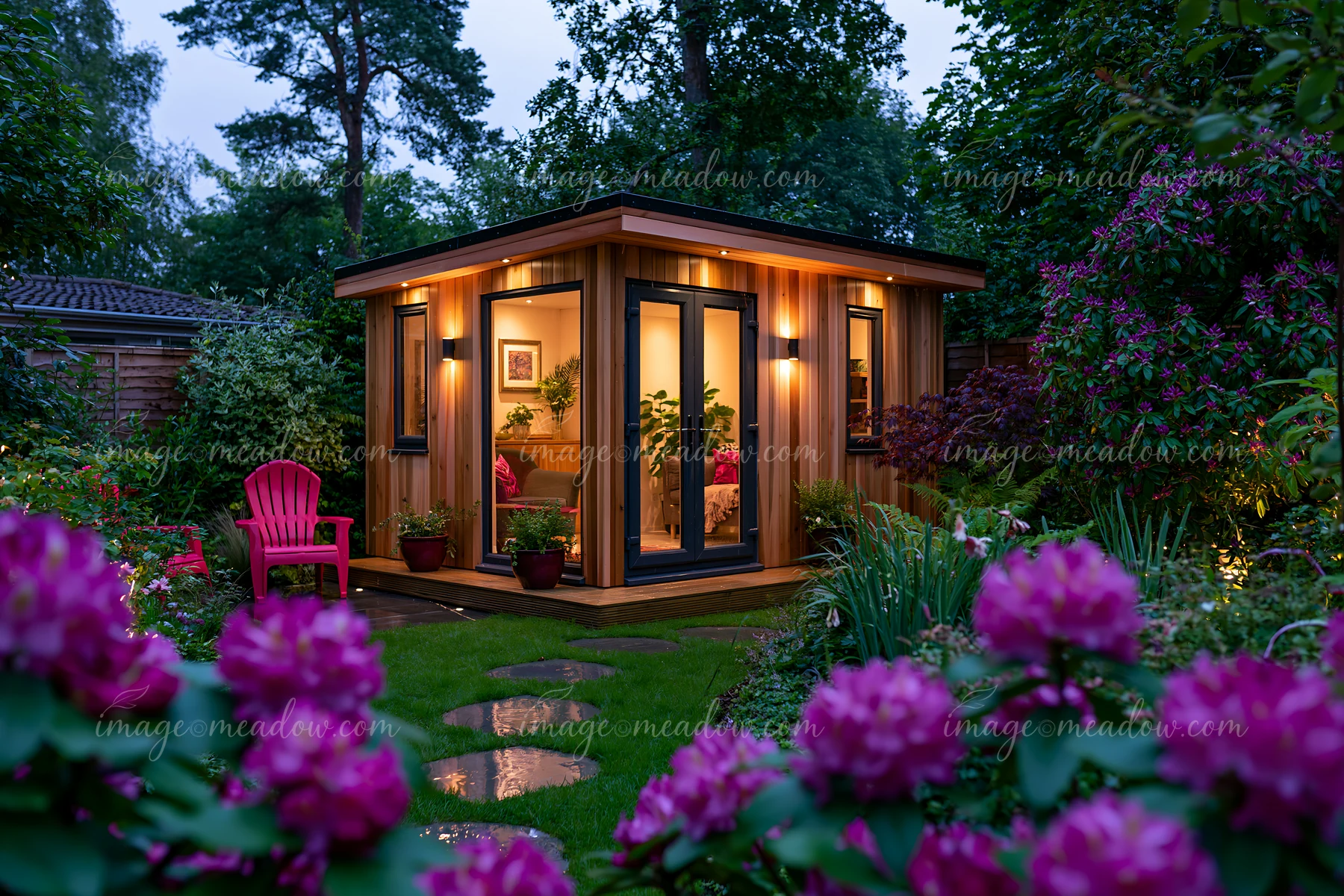 A cozy garden studio is illuminated with warm lights in a vibrant garden filled with flowers.