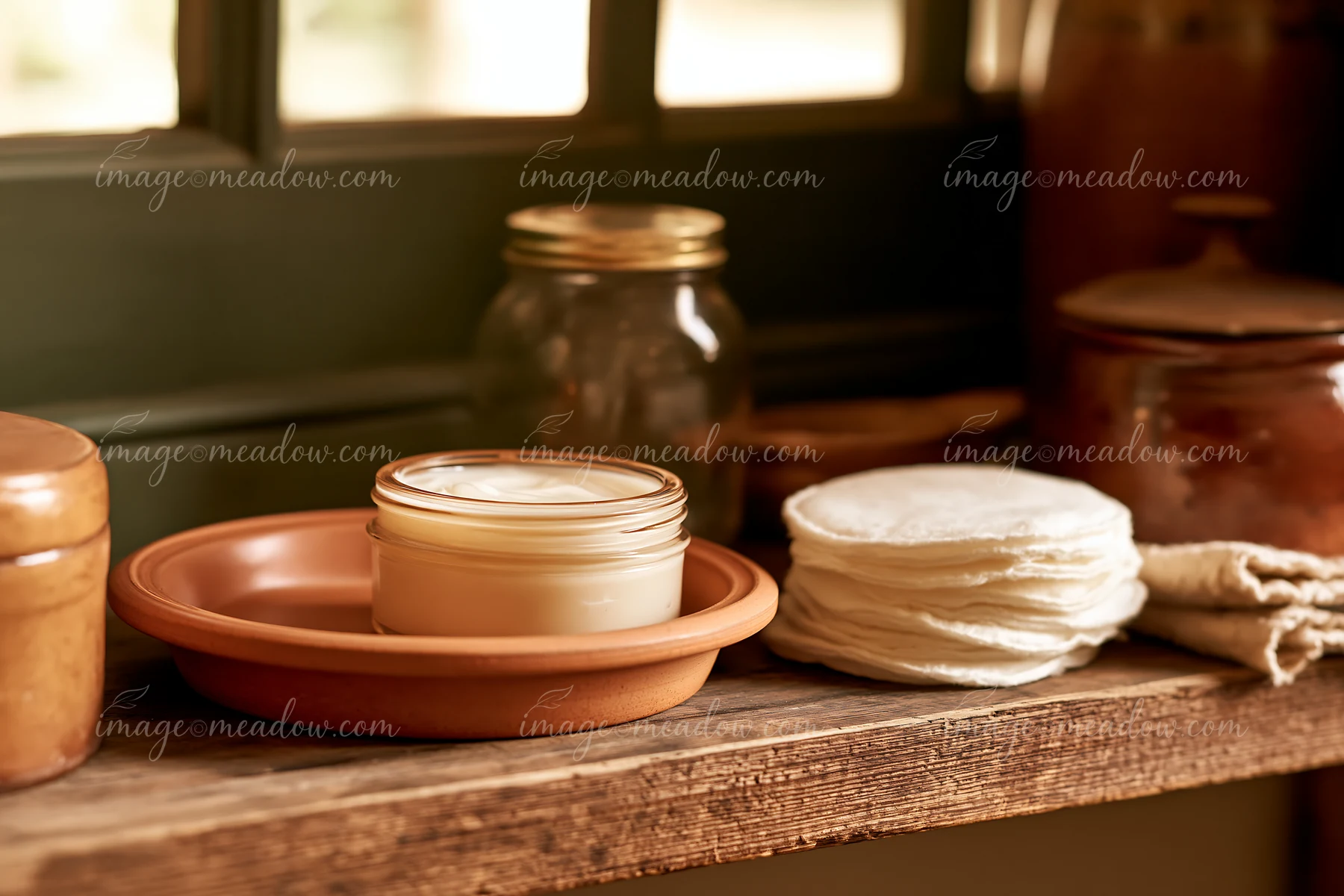 A cream dose beside cotton pads sits on a wooden shelf.