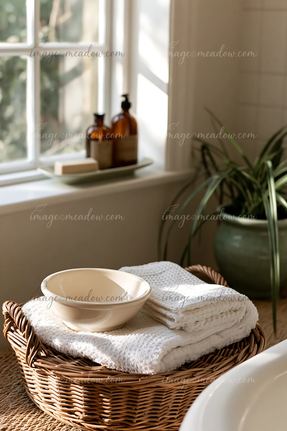 A cream dose beside folded white towel sits on a woven basket in a bright bathroom.