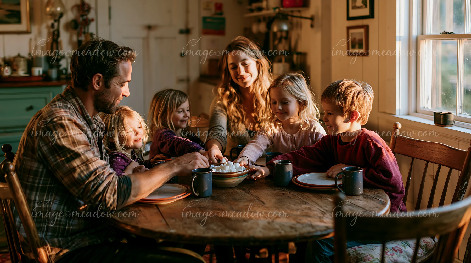 A family enjoys hot chocolate while sitting around a wooden table in a cozy room.