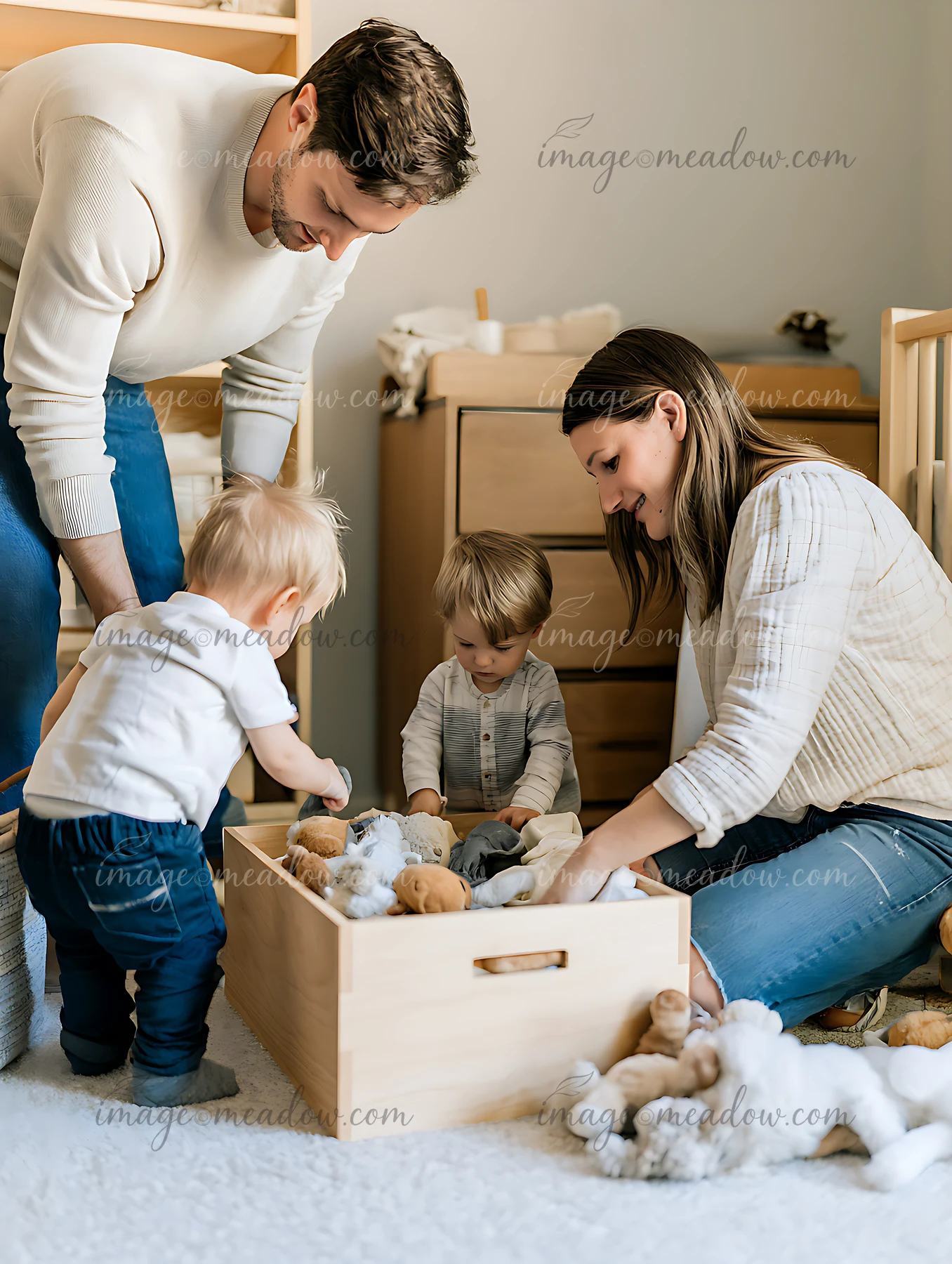 A family is organizing toys and clothes in a wooden storage box in a child's playroom.