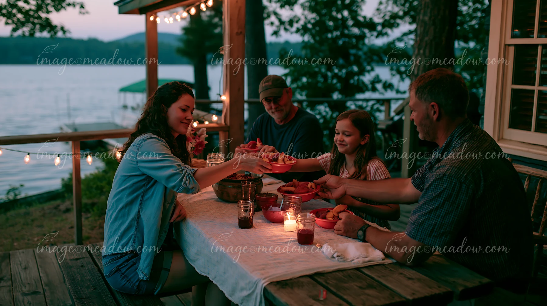 A family shares dessert at a table by the lake during twilight.