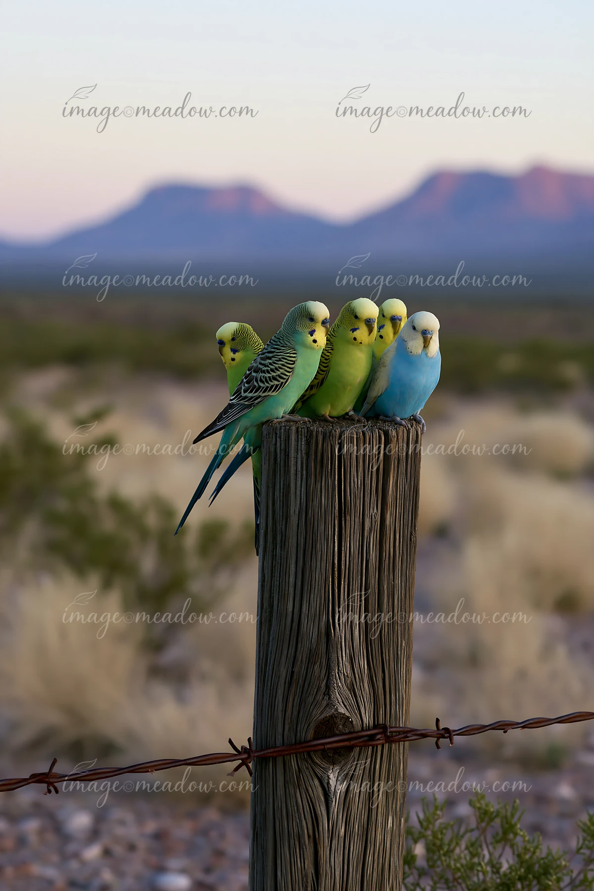 A flock of budgerigars rests on a wooden post in a vast desert landscape under a soft evening light.