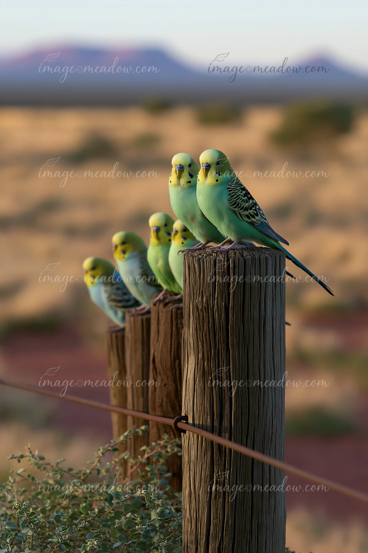 A flock of colorful budgerigars perches on wooden posts above wire fencing in a desert landscape.