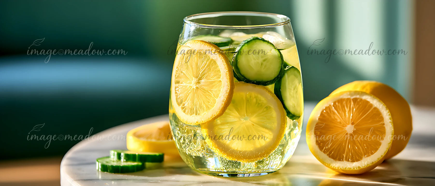 A glass filled with a refreshing drink features lemon and cucumber slices.