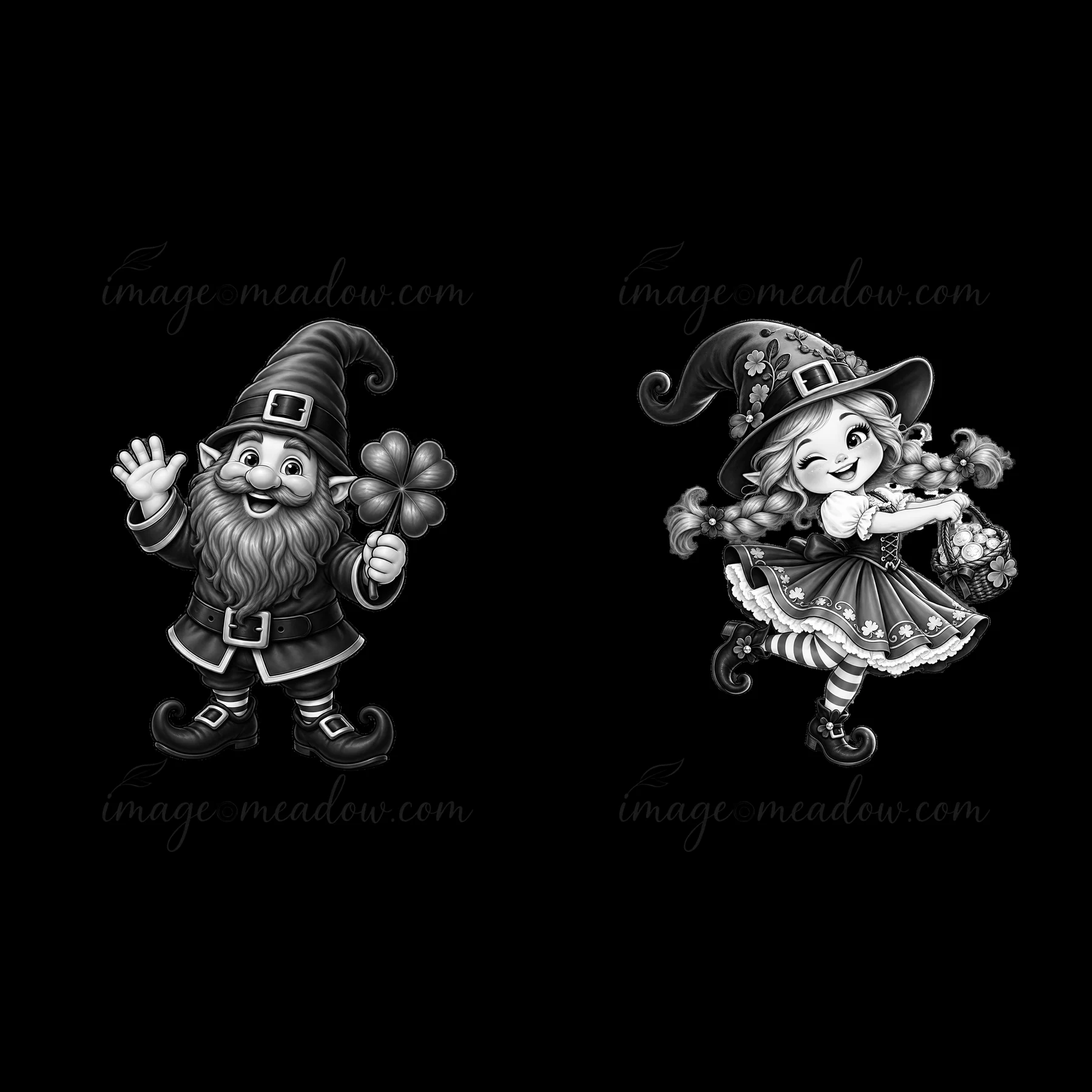 A gnome with a bushy beard waves while holding a shamrock. Beside him, a girl gnome winks and carries a basket filled with flowers. Both figures are designed in