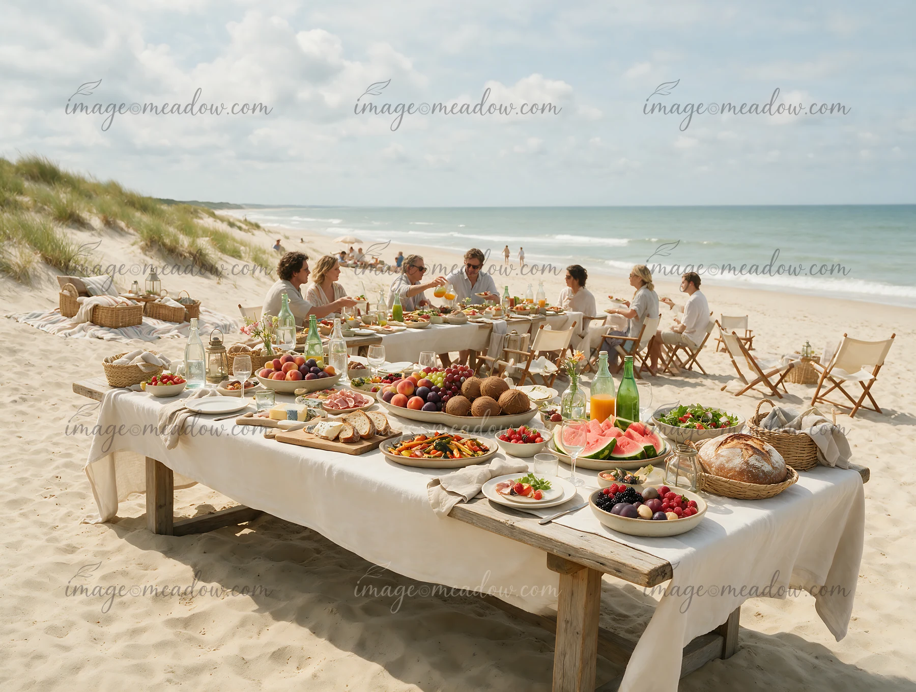 A group of friends gathers on a sandy beach to enjoy a buffet filled with fresh fruits, pastries, and drinks during a sunny day by the ocean.