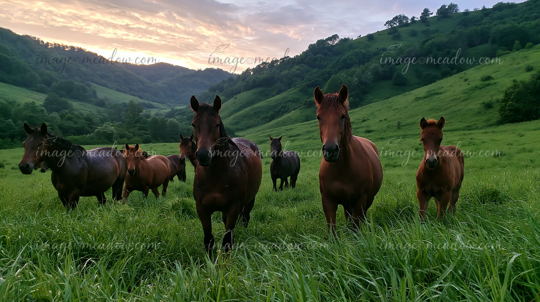 A group of wild horses grazes in a lush green valley during sunrise.