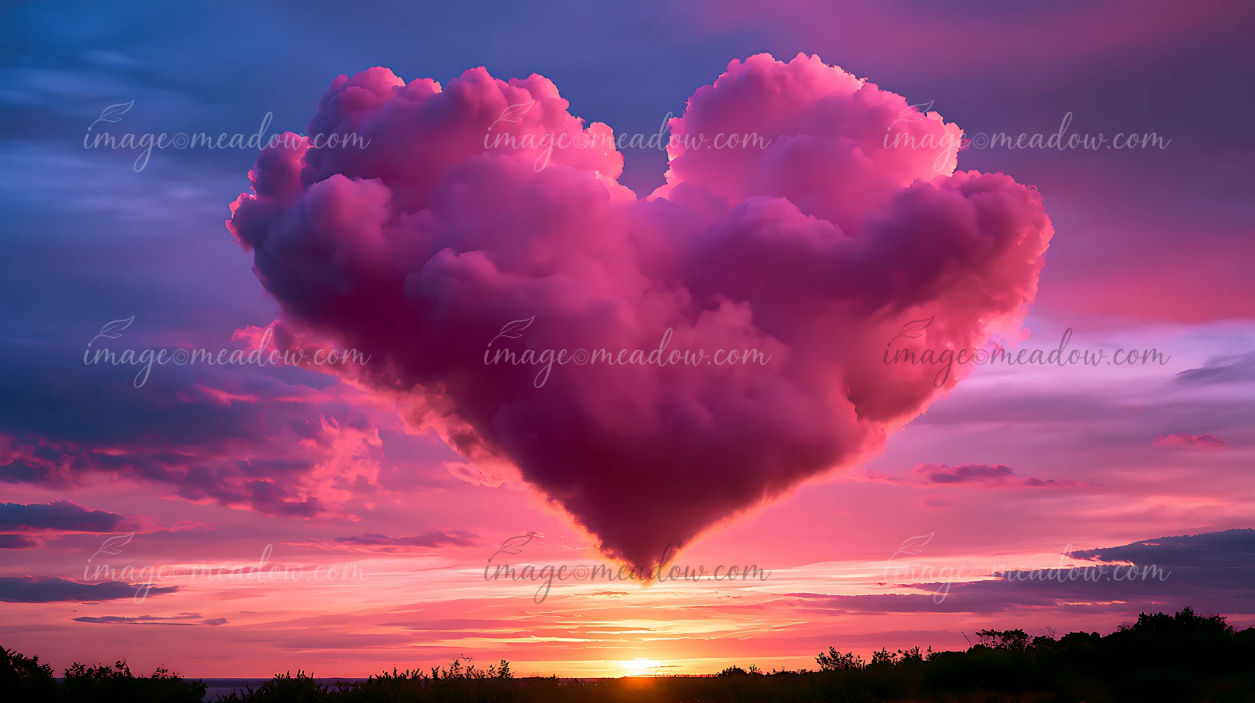 A heart-shaped cloud hangs above the horizon during sunset, with shades of purple and pink filling the sky.