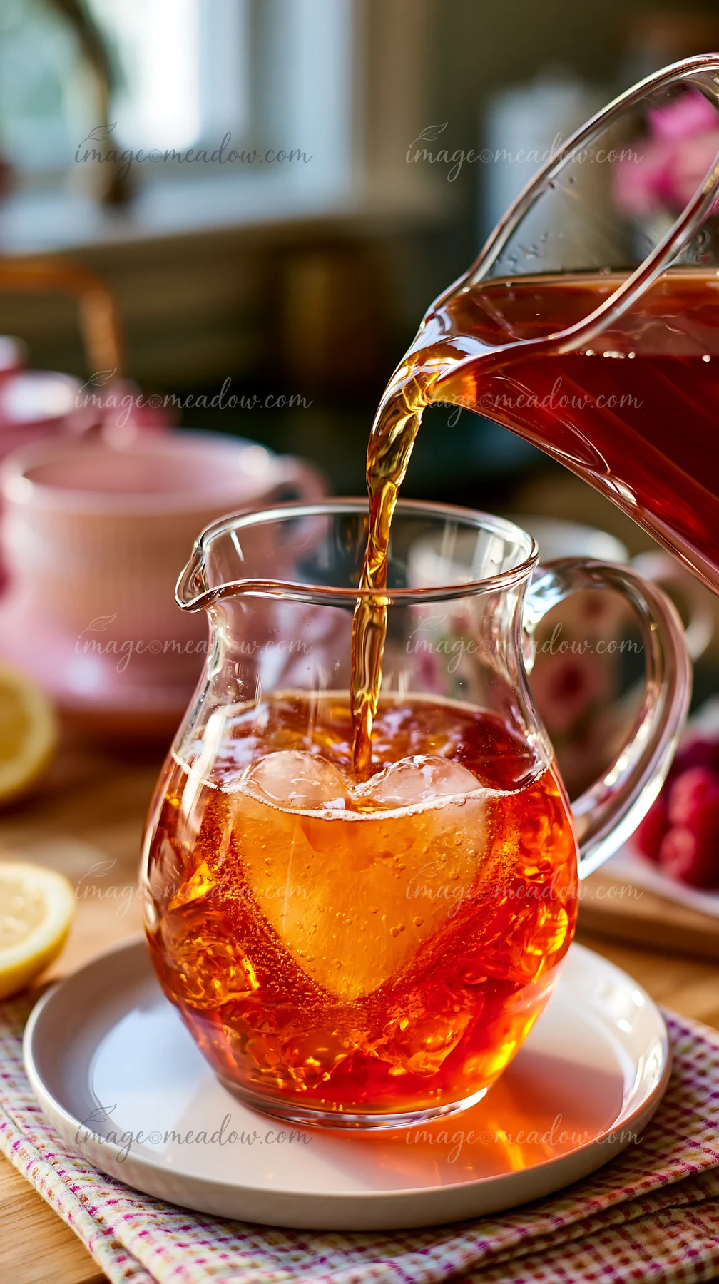 A heart-shaped ice cube melts in a glass jug as tea is poured.