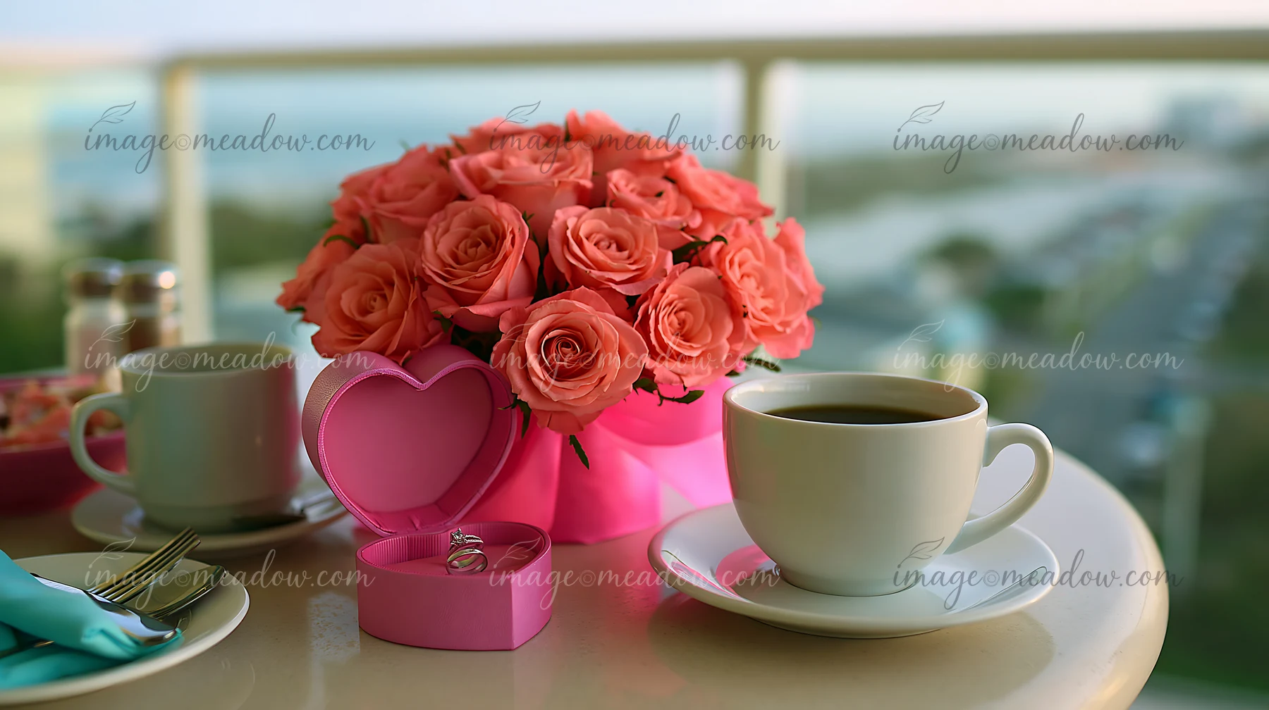 A heart-shaped ring box sits beside a bouquet of roses on a table, alongside two cups of coffee.