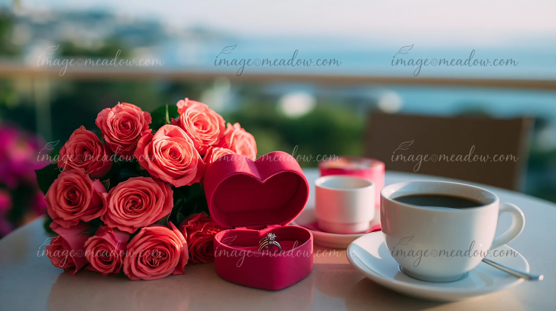 A heart-shaped ring box sits next to a bouquet of roses and a cup of coffee on a table.