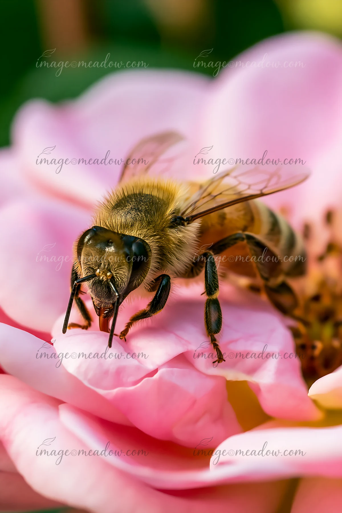 A honey bee is perched on a pink rose, focusing on collecting nectar.