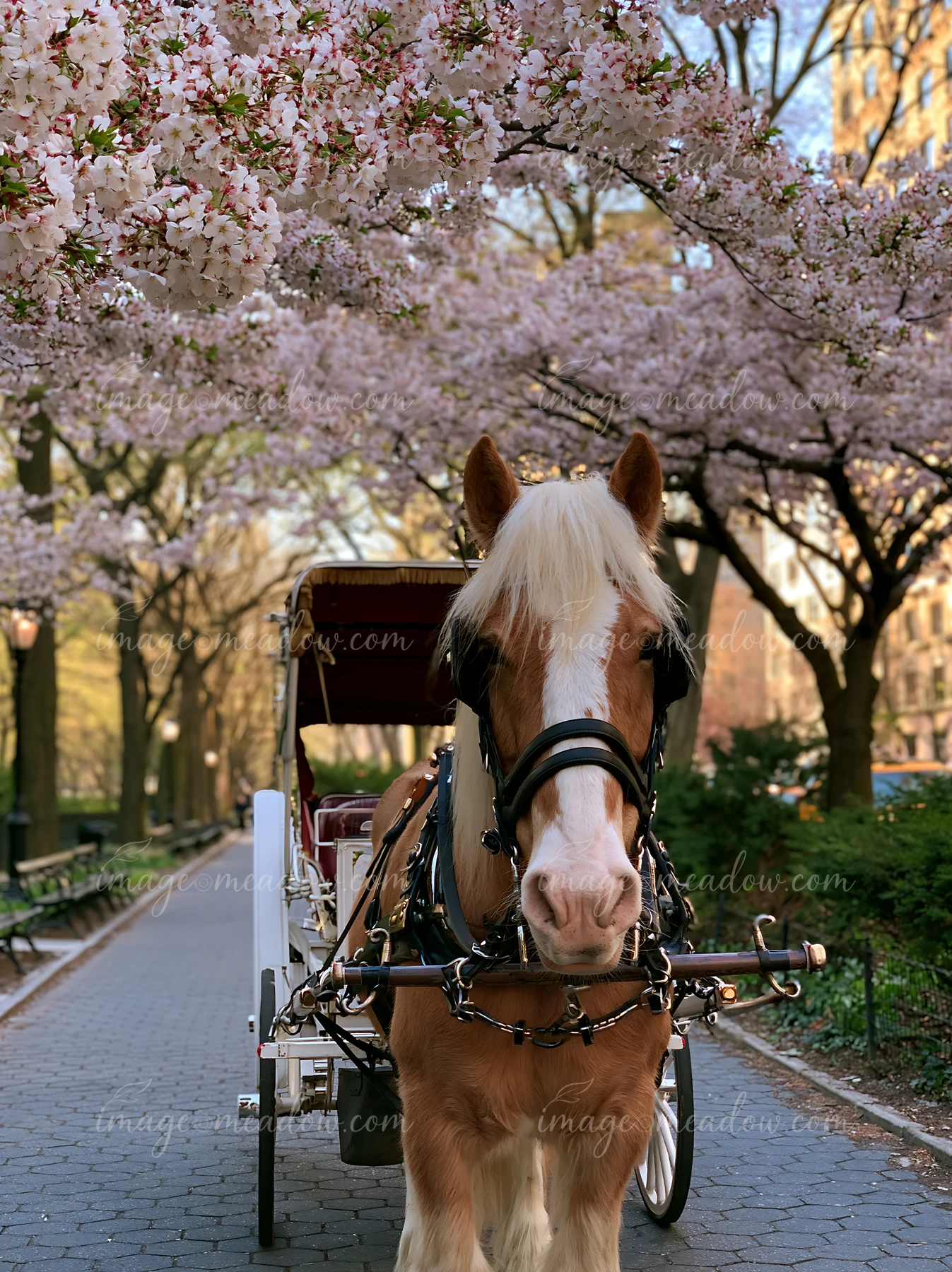 A horse pulling a carriage walks along a pathway surrounded by cherry blossom trees in a park.